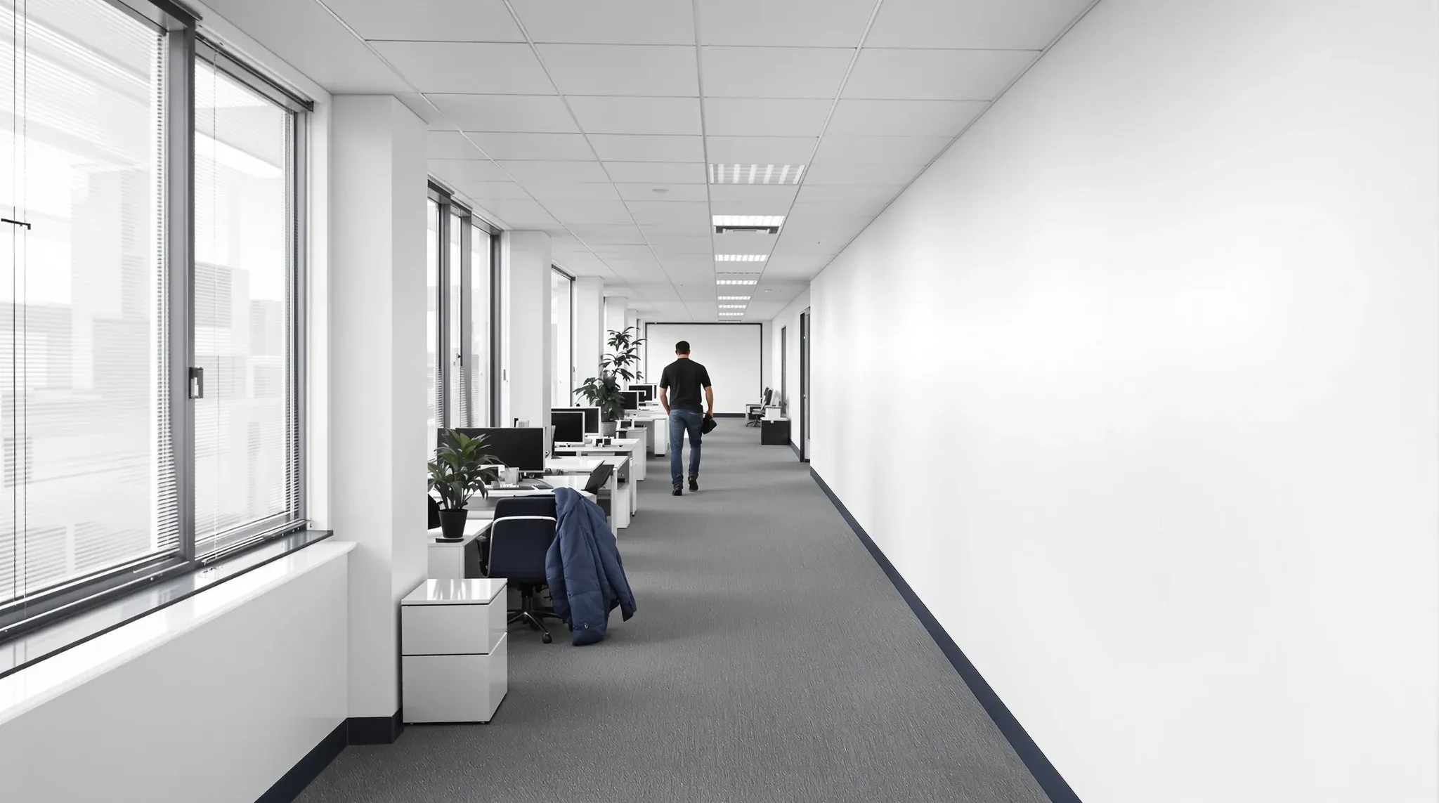 A newly subdivided office in use, its long plain demising wall running from the windows back to the core