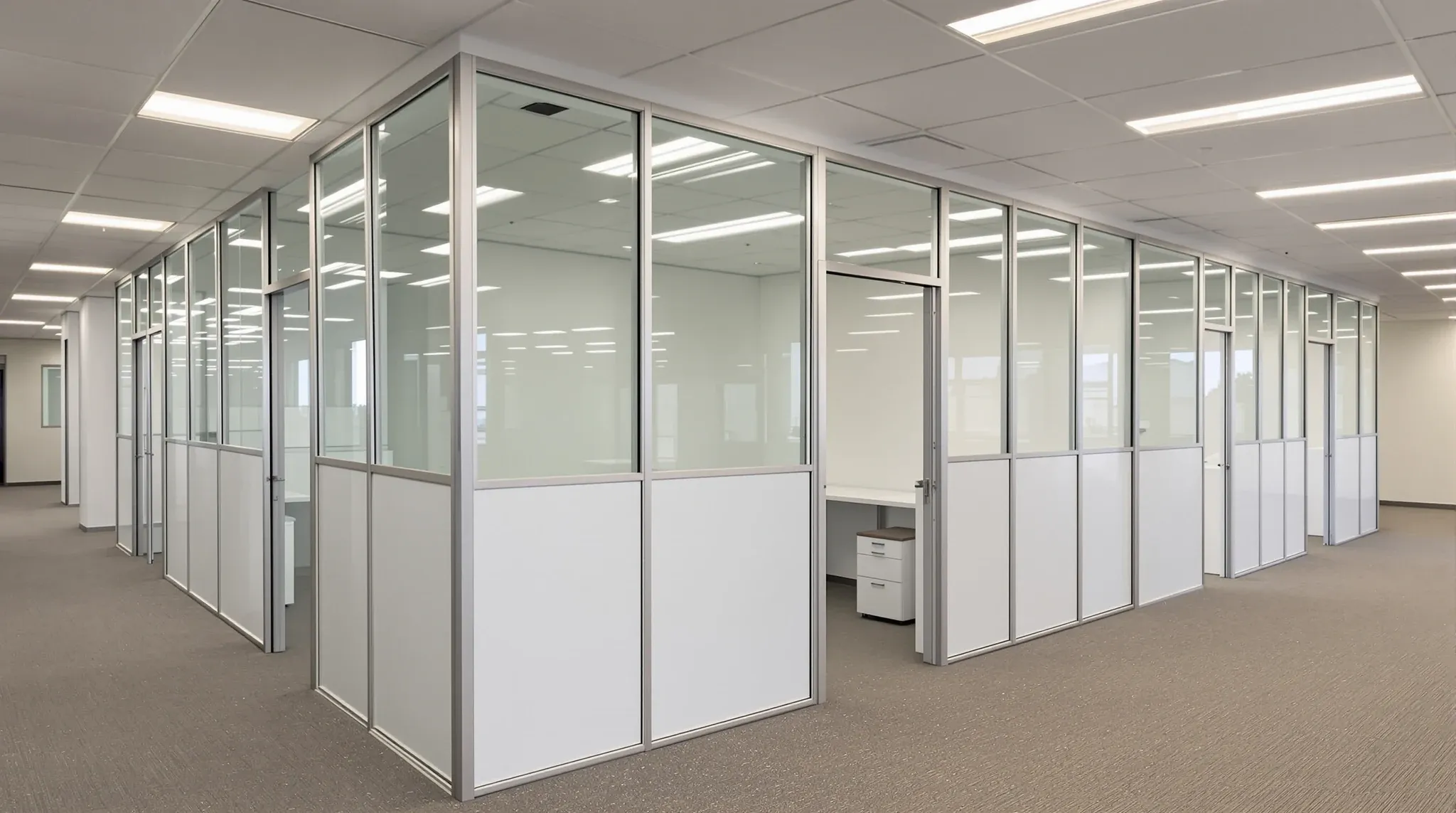 Factory-finished demountable partition offices in a leased business-park office