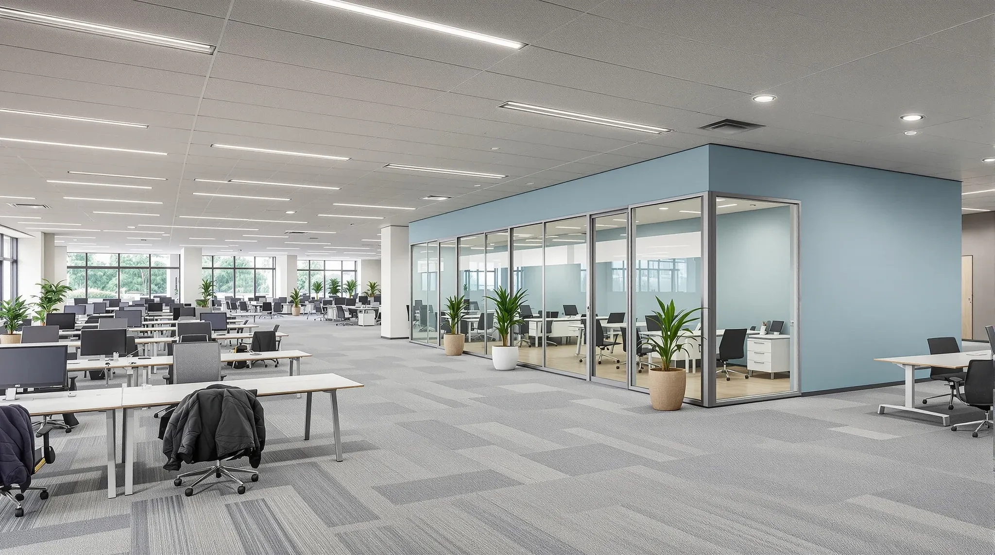 A wide business-park office floor with a solid-walled block of quiet rooms and a glass meeting room