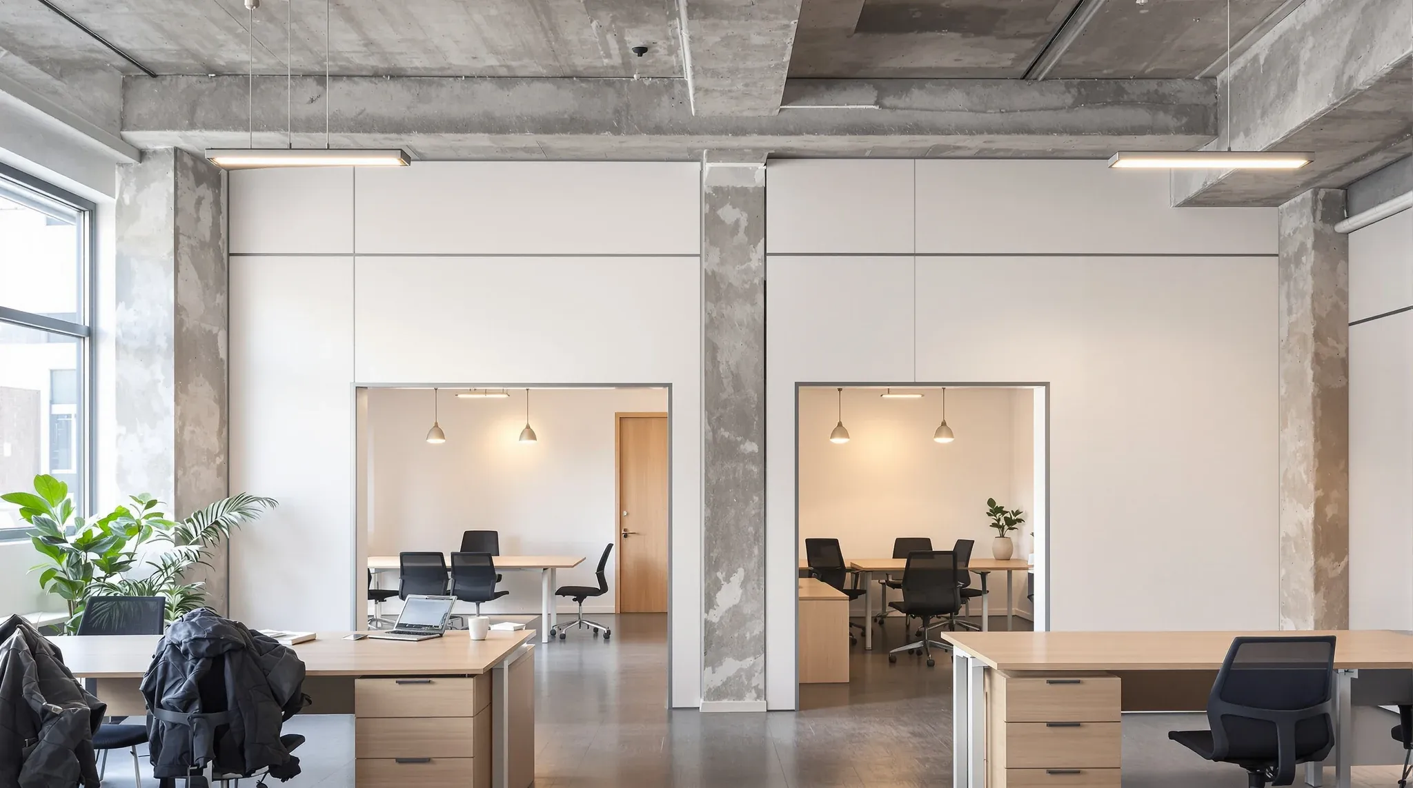 Solid plasterboard meeting room walls rising to an exposed concrete ceiling in a working office