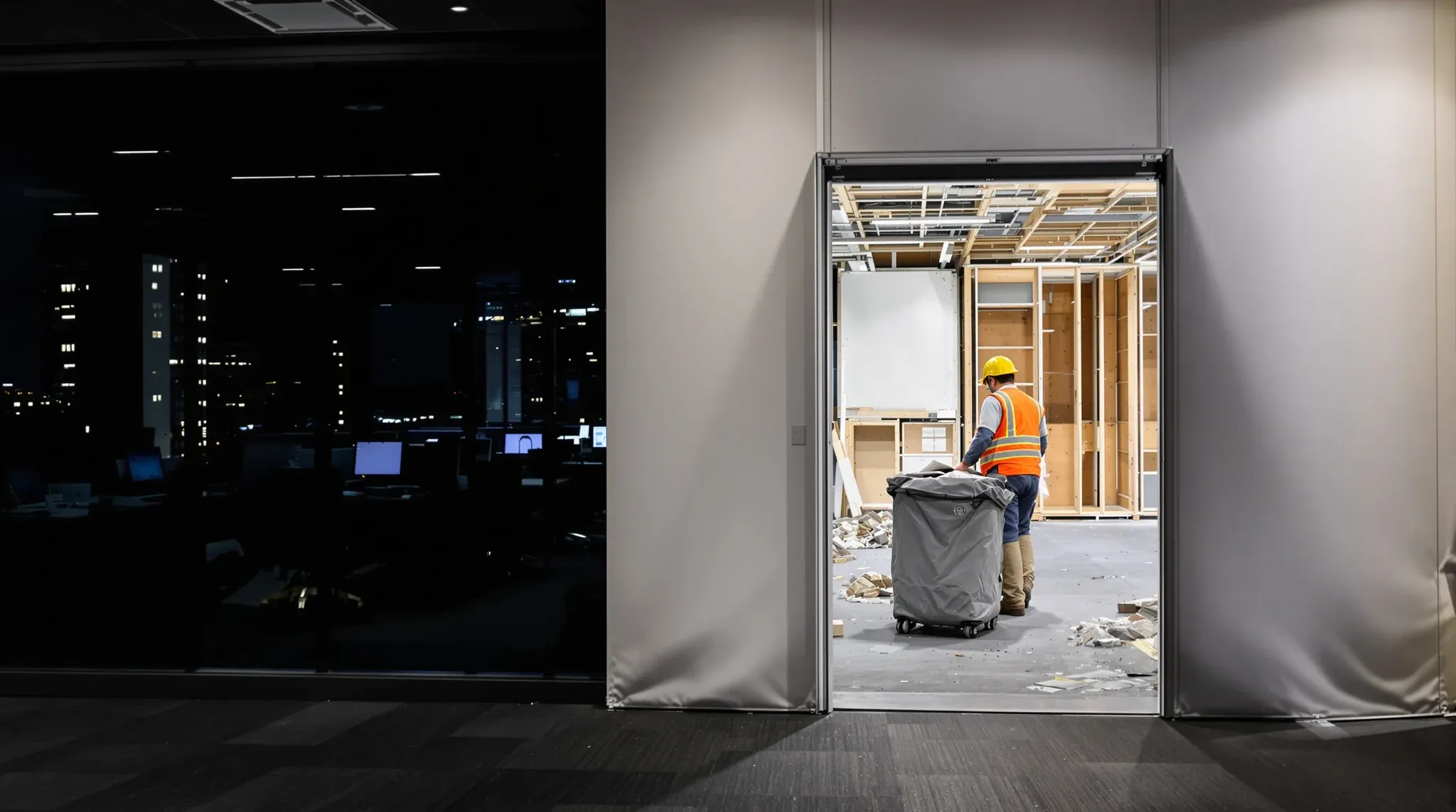A dark, tidy office at night beside a sealed dust wall with a lit work zone behind it