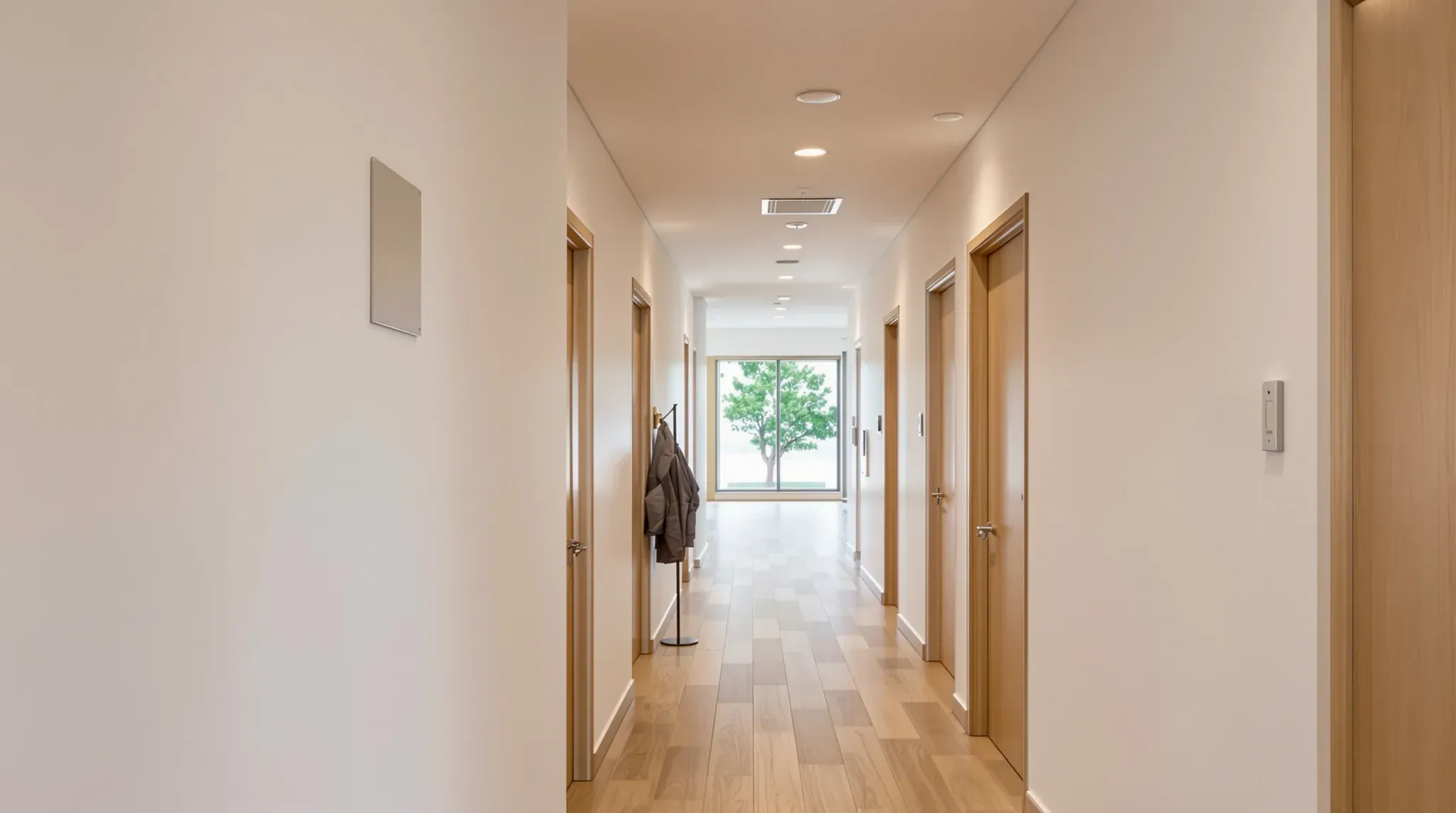 Ground-floor clinic corridor in a mixed-use building, with timber doors, downlights and a window at the end