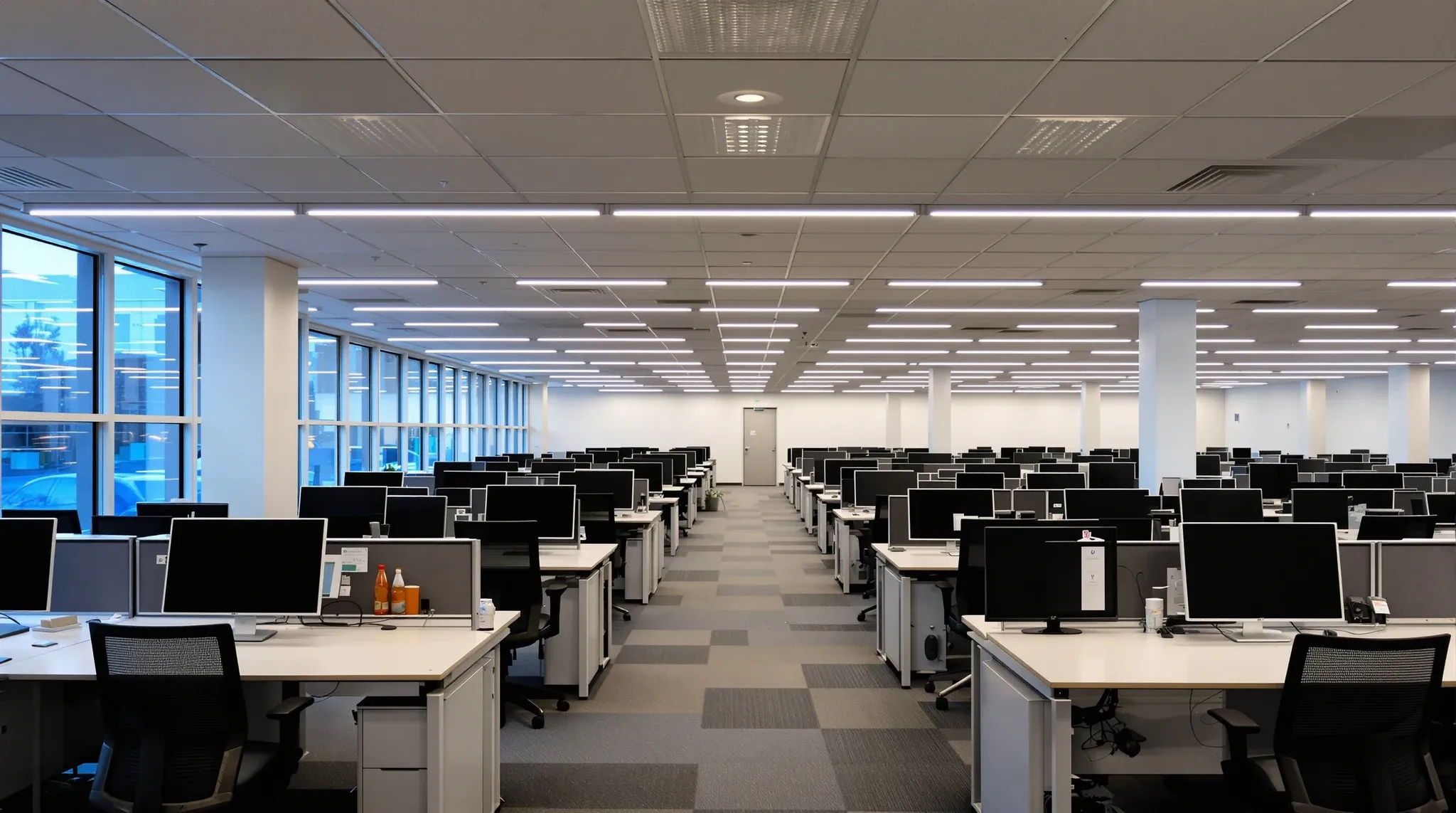 An empty office floor at dawn with every screen dark after an overnight IT changeover