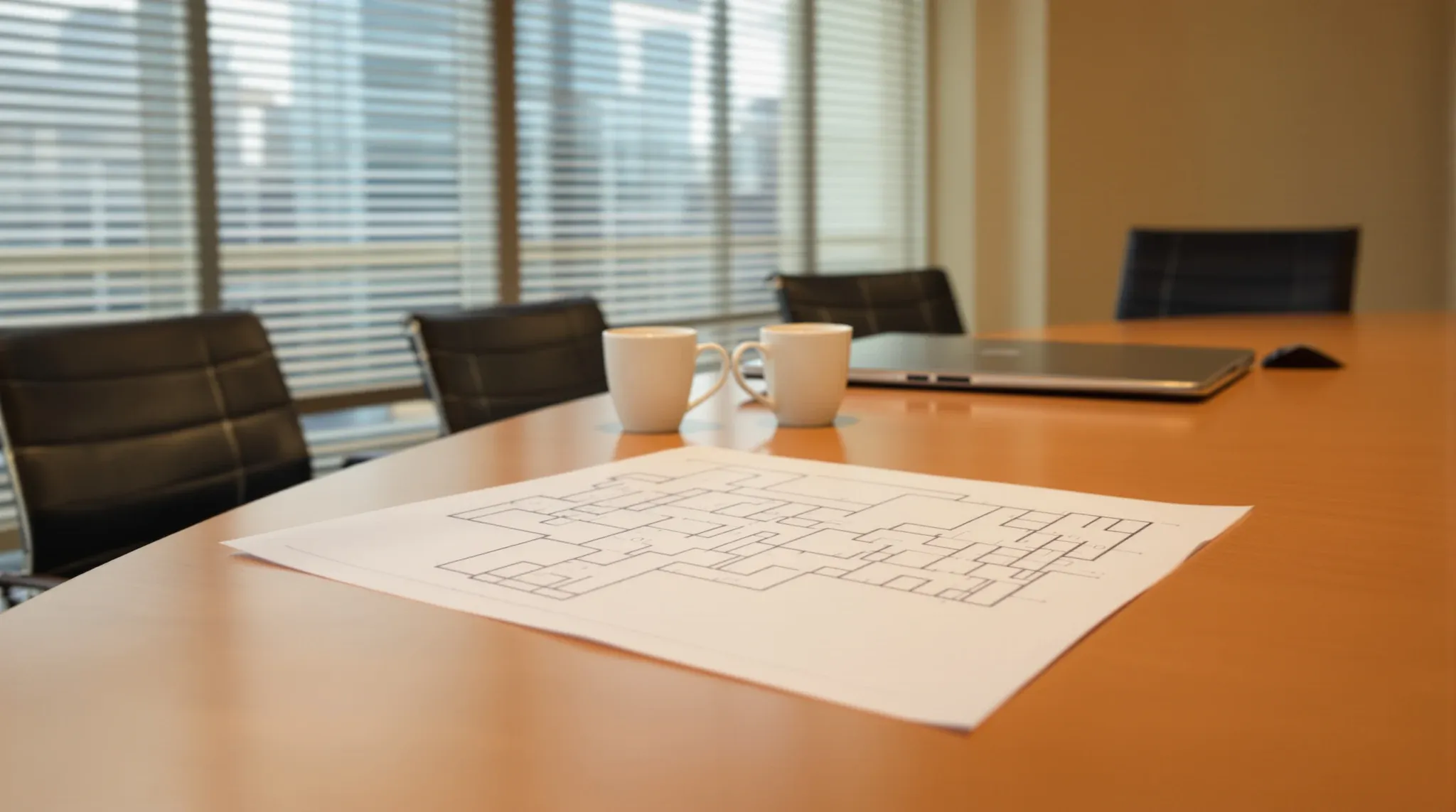 A blurred floor plan sheet on a meeting room table with blinds half down