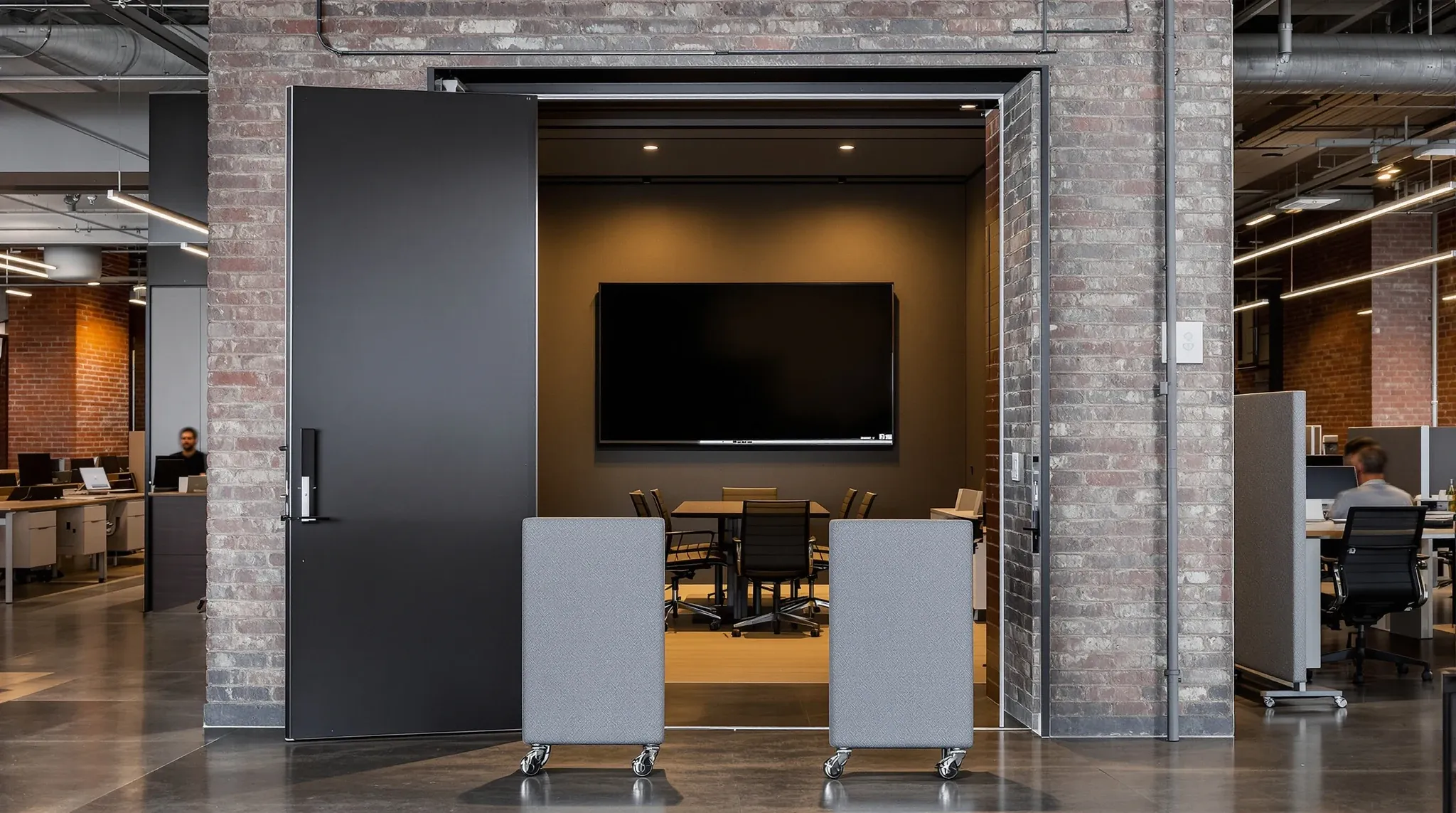 A tech office in the evening with a hybrid meeting room behind an open door and felt screens on castors