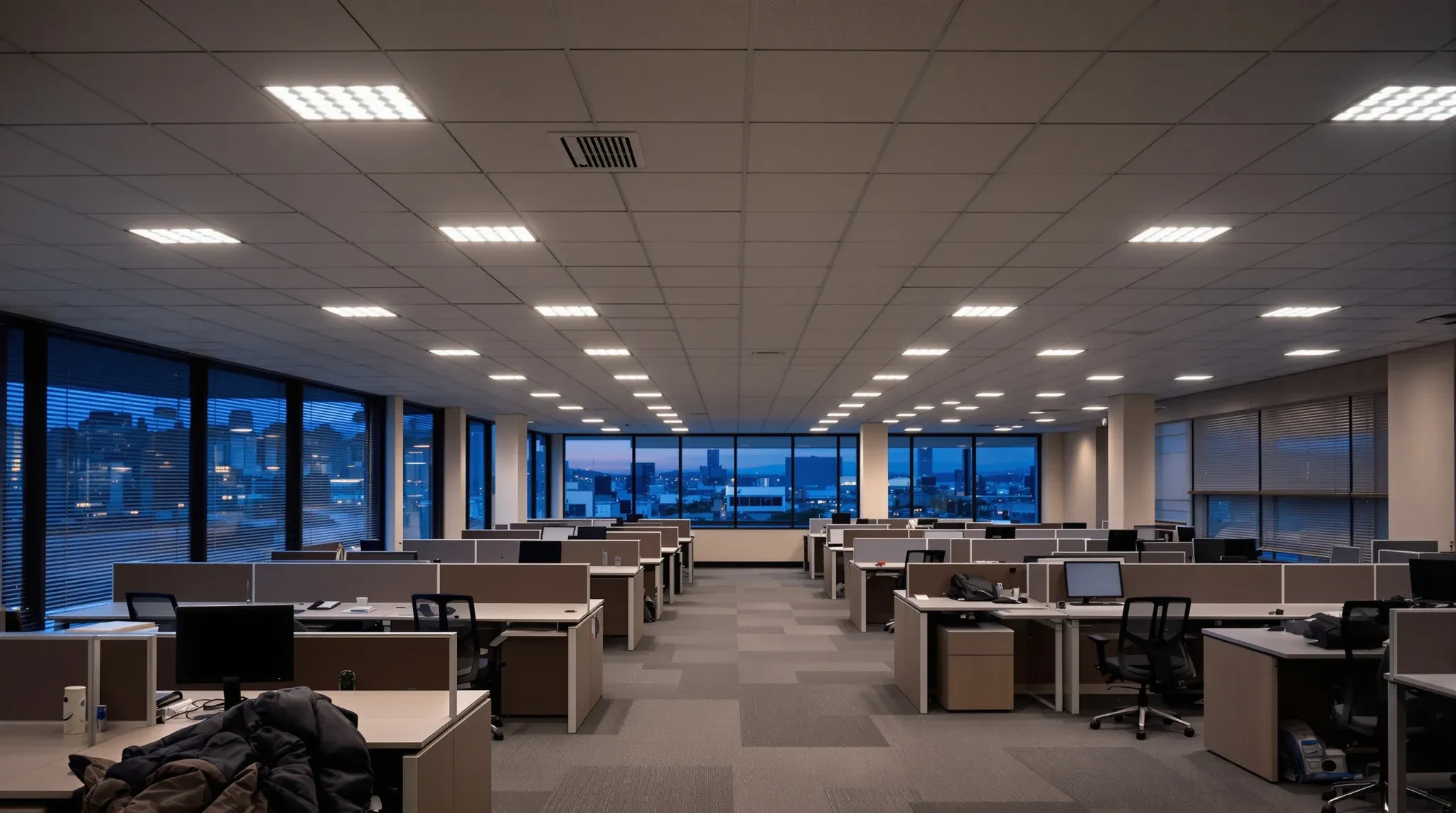 A finished open plan office at dusk lit by recessed ceiling downlights