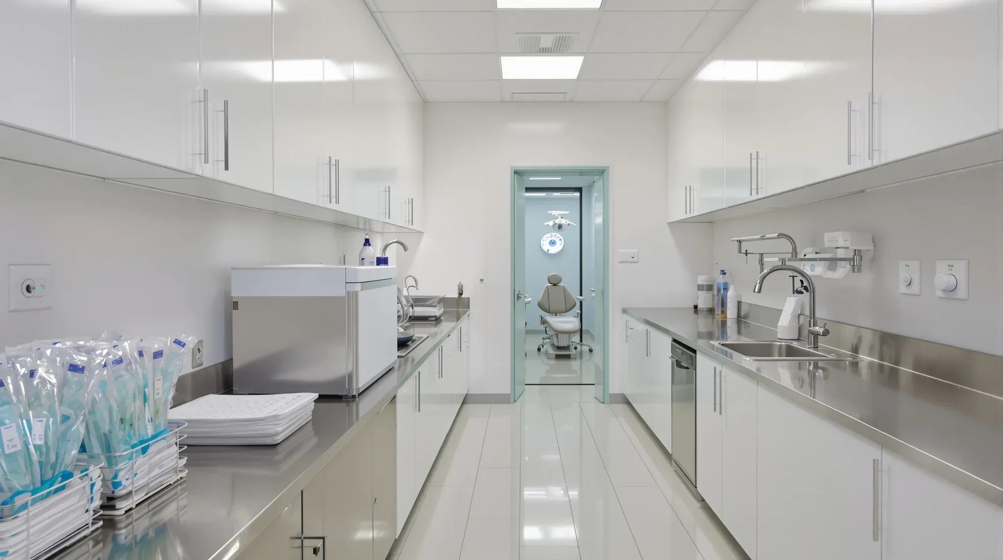 A dental practice sterilisation room with a stainless steel bench and a surgery beyond