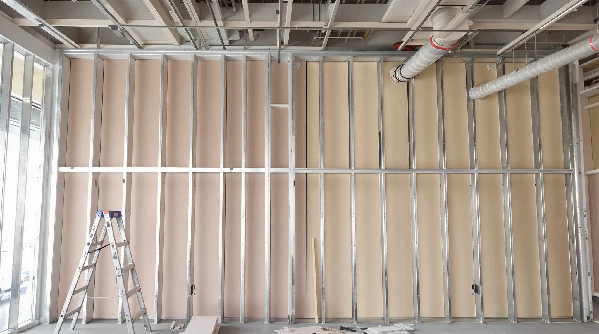 A fire-rated plasterboard wall being built up through the ceiling to the slab