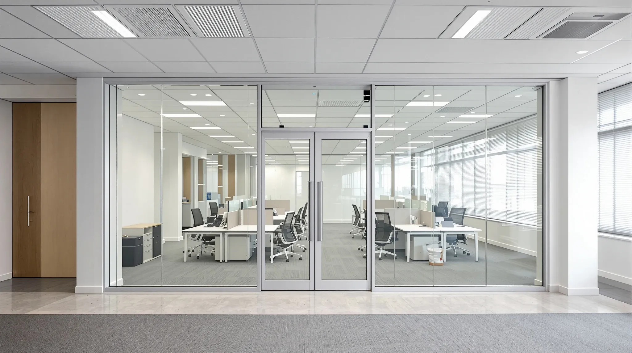 A finished glass office with mullions aligned neatly to the ceiling grid