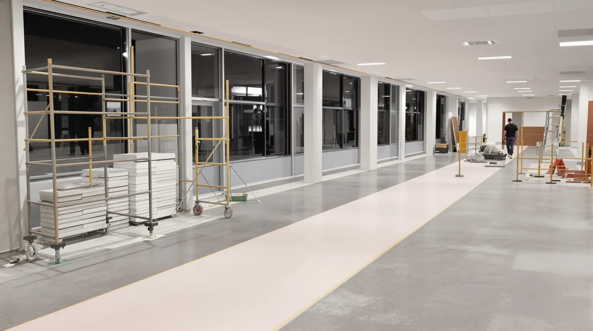 Patch strips in the ceiling and floor where a row of closed offices has been removed