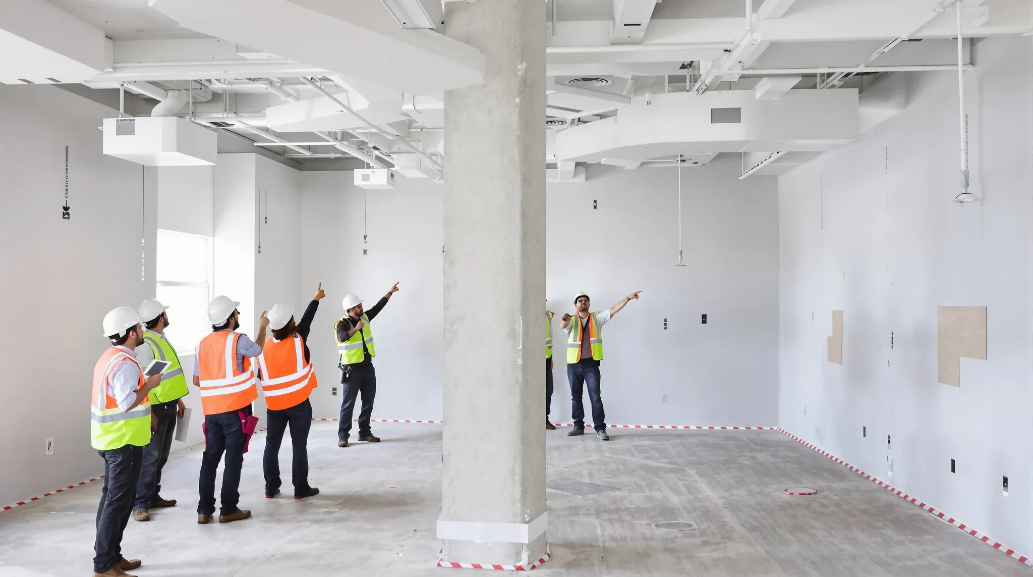 A large group in hi-vis vests gathered around a column on a half-built office floor