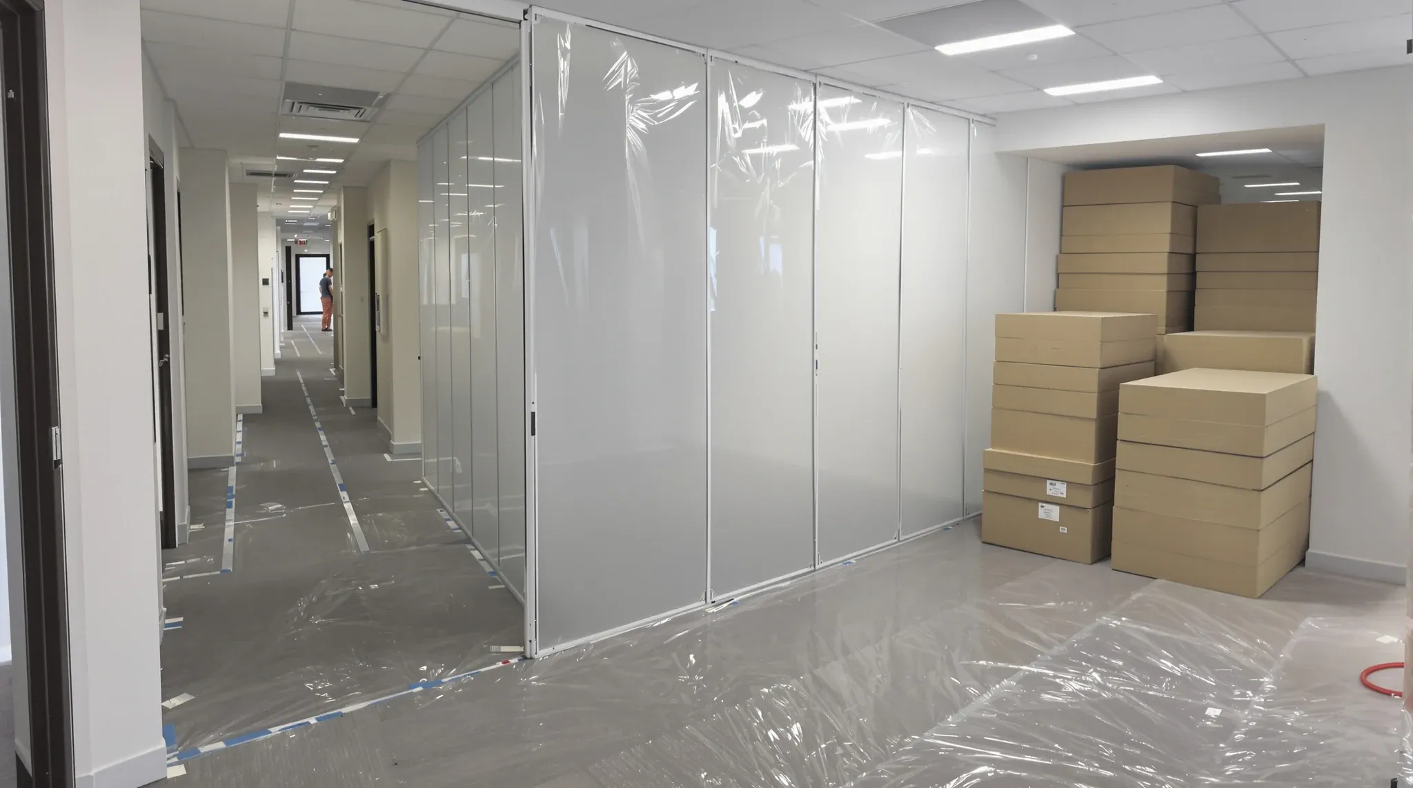 A commercial office floor with floor protection down and a work zone screened off