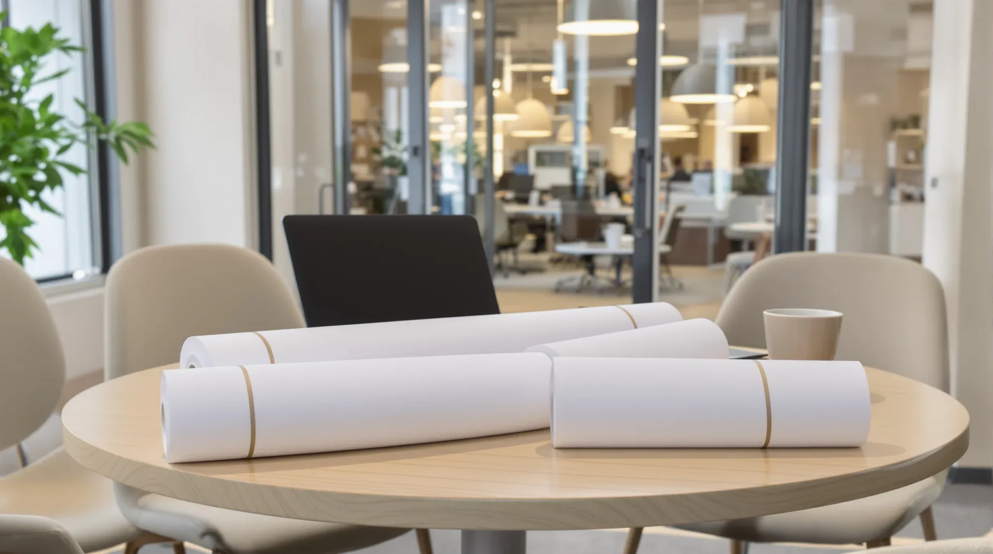 Rolled plain drawings on a small meeting table beside a closed laptop