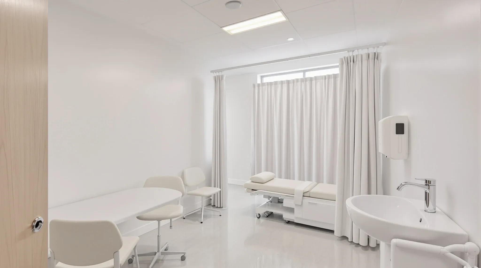 Empty GP consulting room with a desk, examination couch with privacy curtain and a clinical hand basin