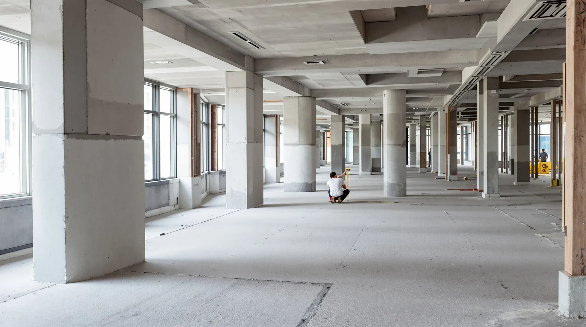 A person using a laser measure on a stripped commercial office floor