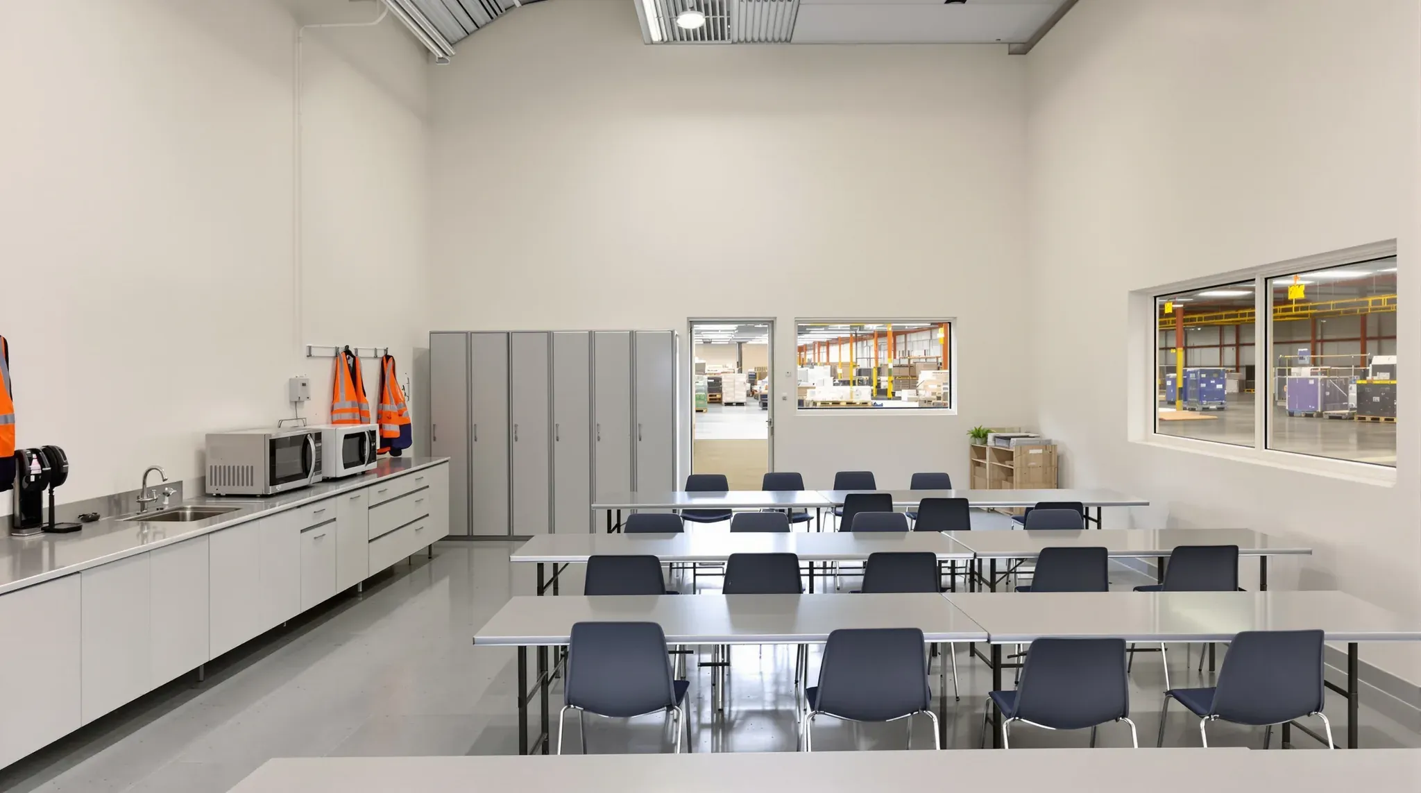 Distribution centre lunch room with long tables, a bench with microwaves, lockers and windows onto the warehouse