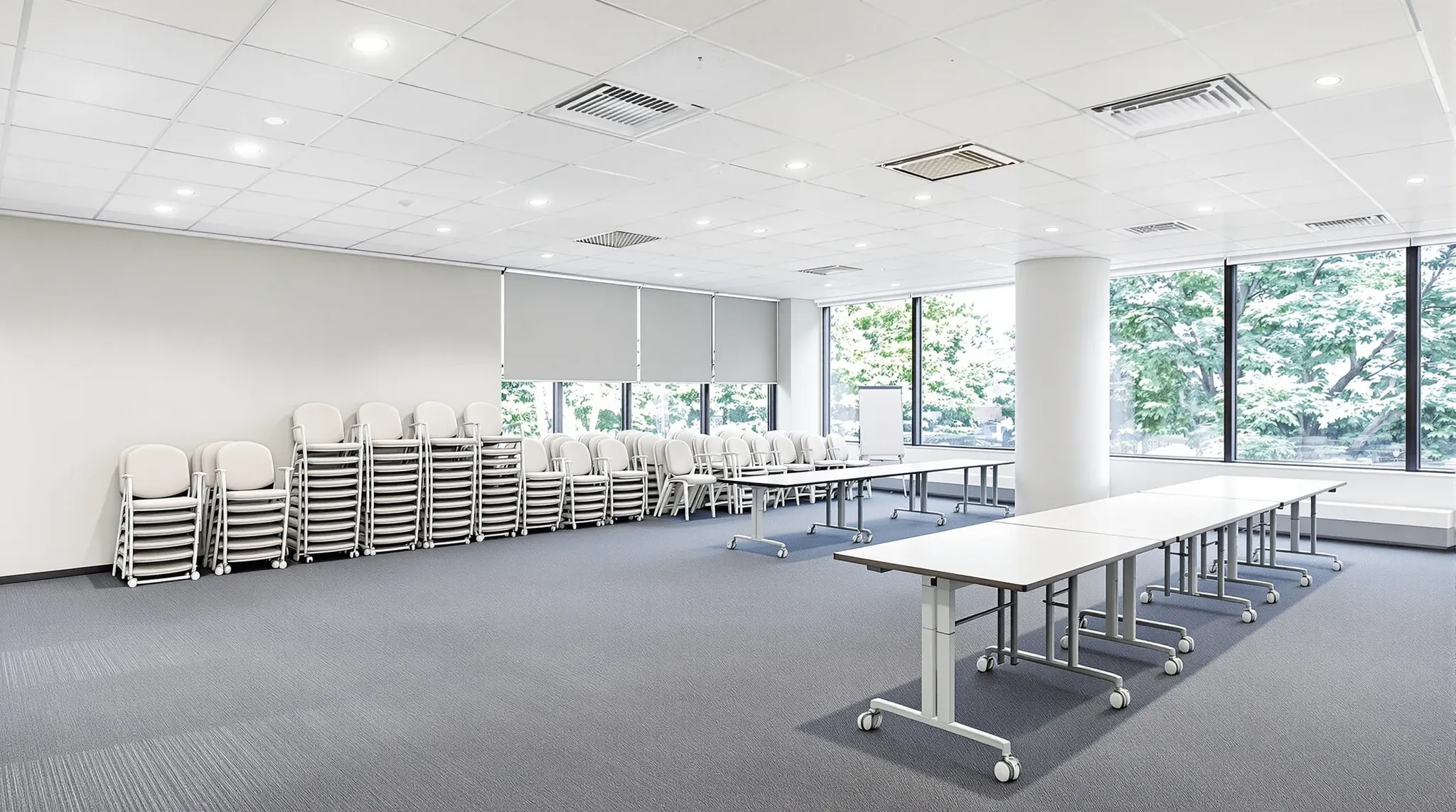 An empty multipurpose training room with folded mobile tables and stacked chairs along one wall