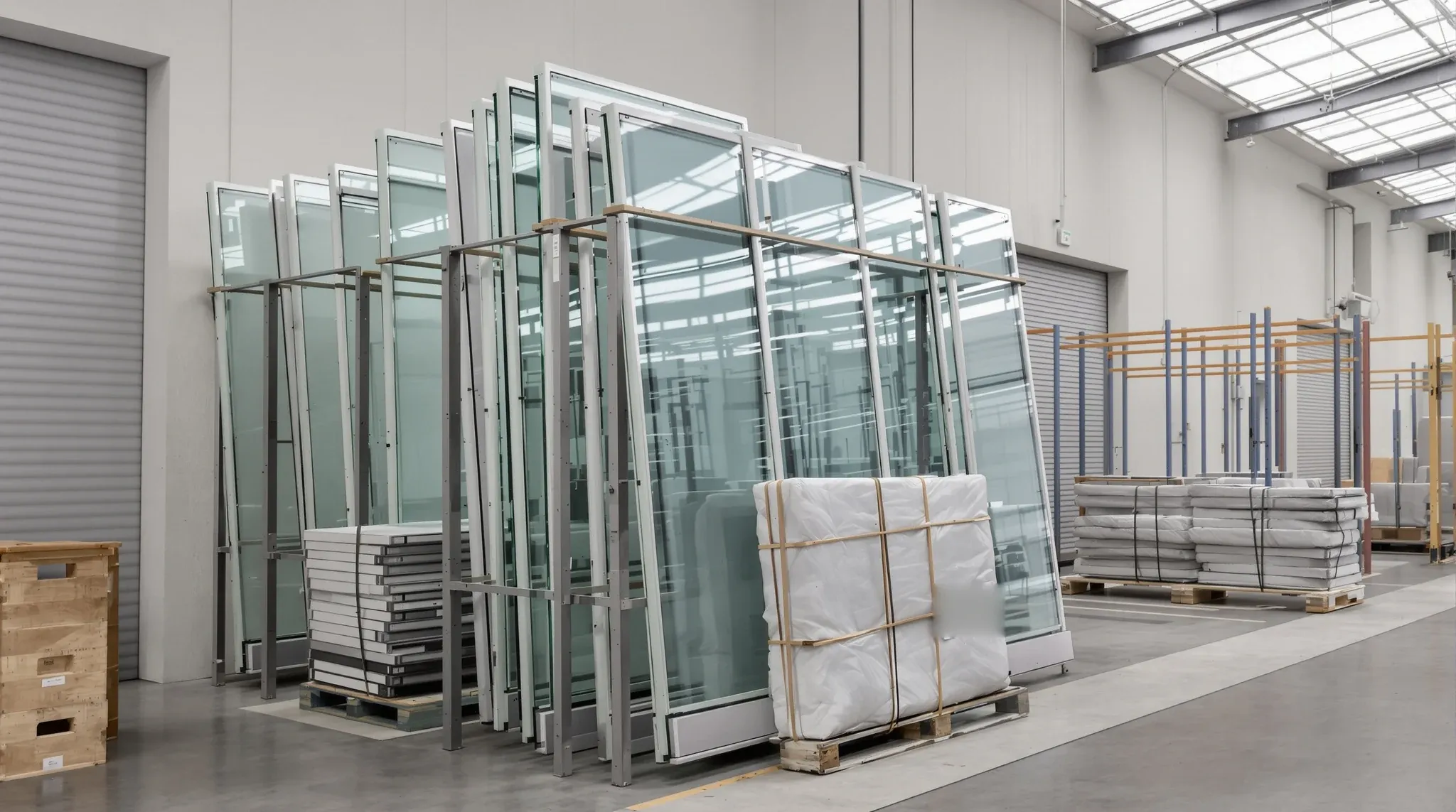 Salvaged glass partition panels wrapped in blankets and strapped into a steel stillage in a storage warehouse