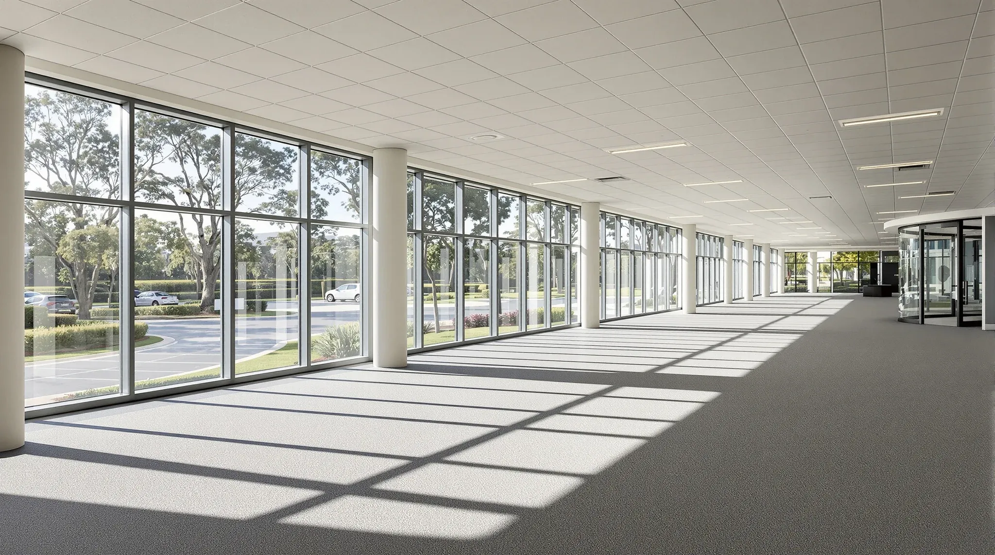 A large ground-floor office in a business park building with gardens and gum trees outside