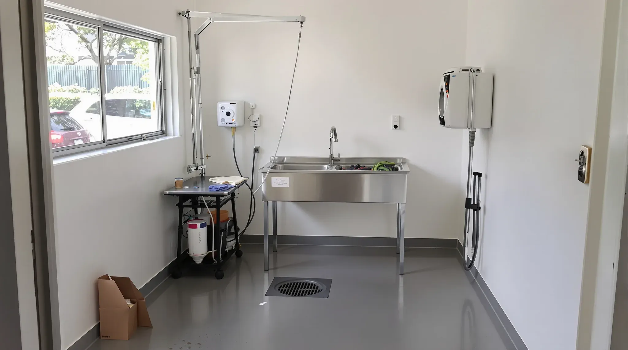 Grooming room with a stainless wash tub and hose, a grooming arm, a floor waste and wipe-clean walls