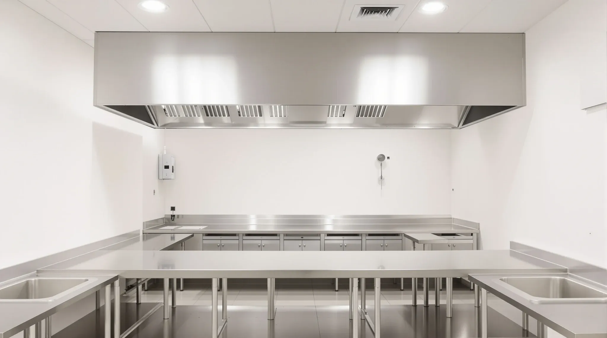 Empty finished commercial kitchen with stainless benches, exhaust canopy, washable ceiling, no branding