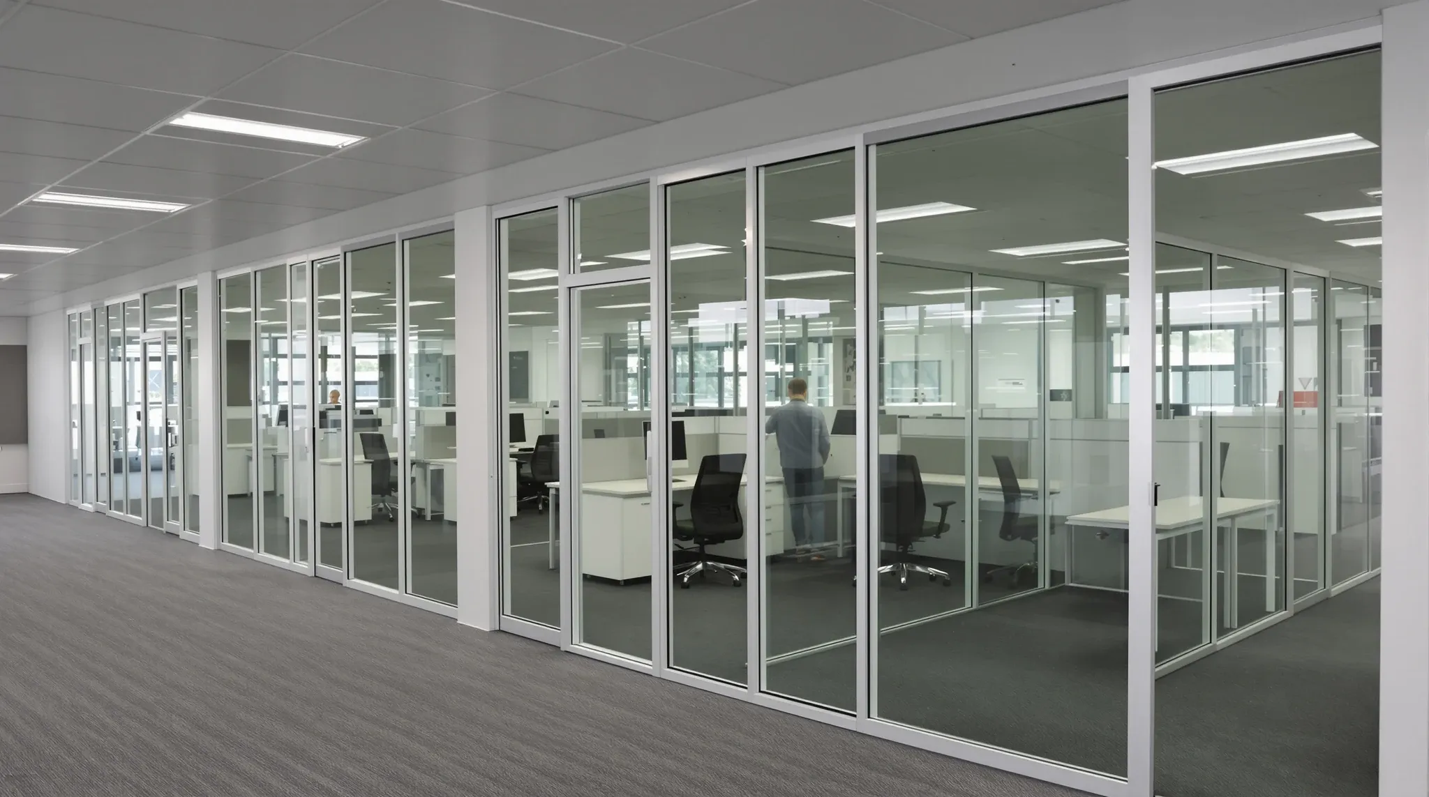 A run of modular partition offices with solid white and glazed panels, seen across an open office