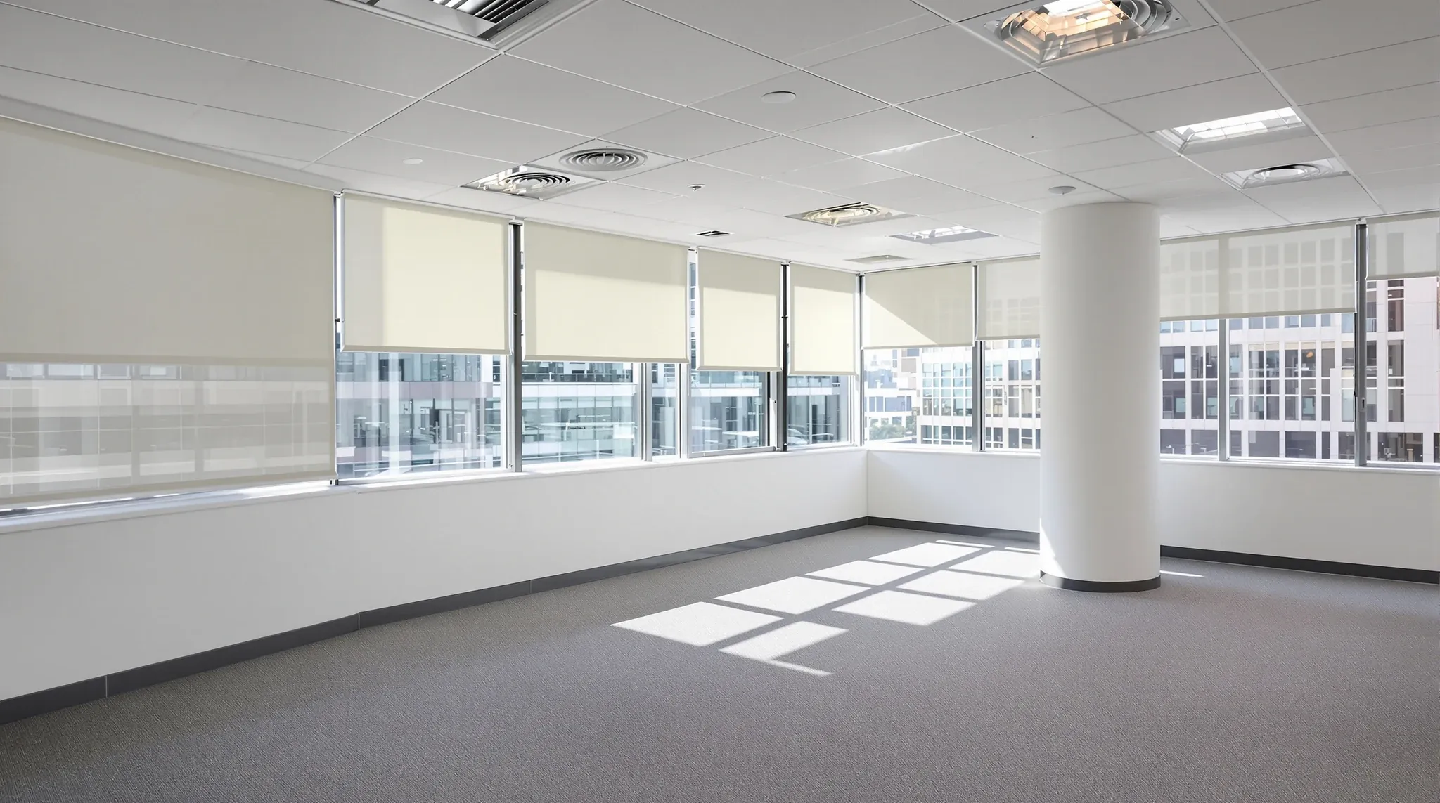 An empty office floor in an older tower, returned to base building condition with new carpet