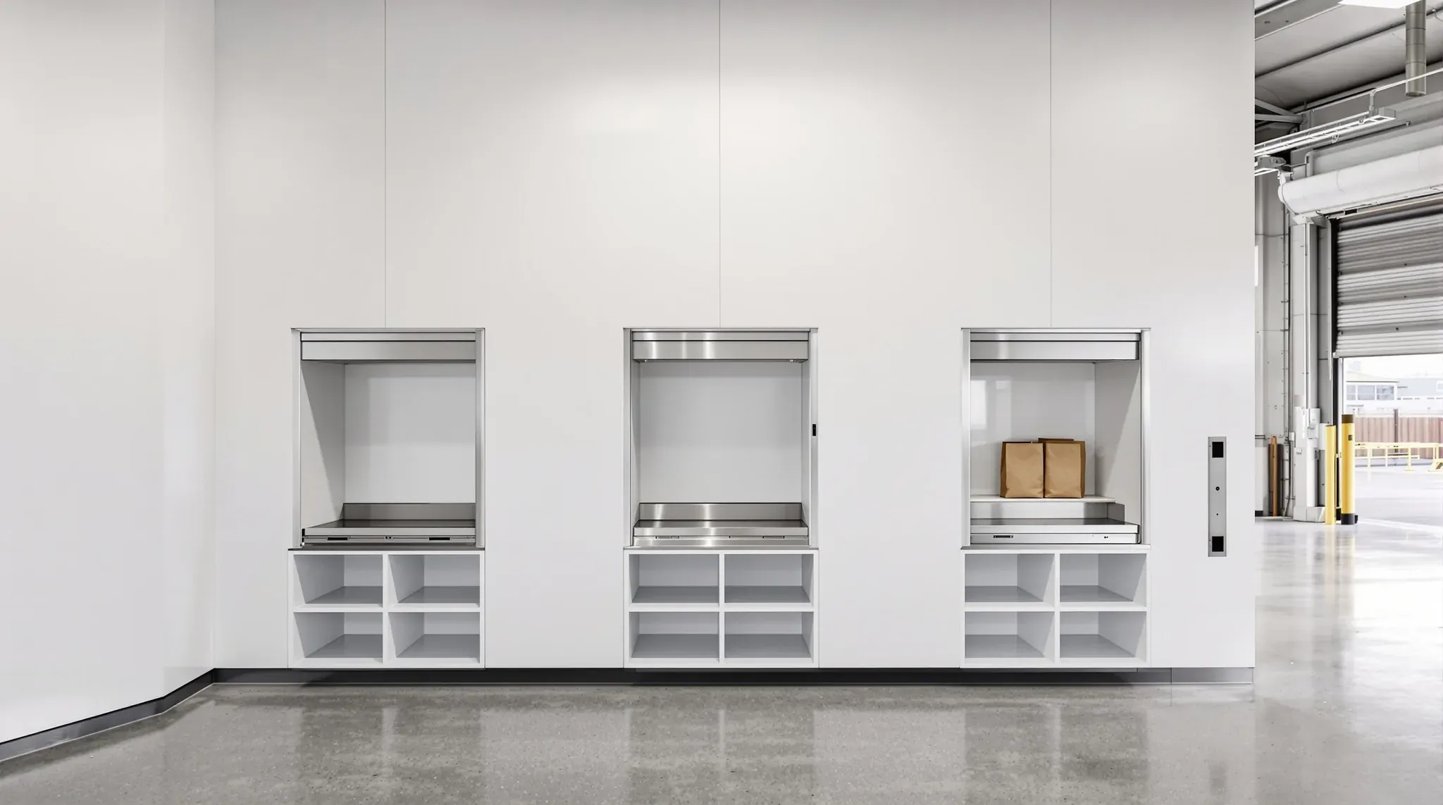 Driver pickup room in a warehouse ghost kitchen, with three stainless hatches above shelving cubbies