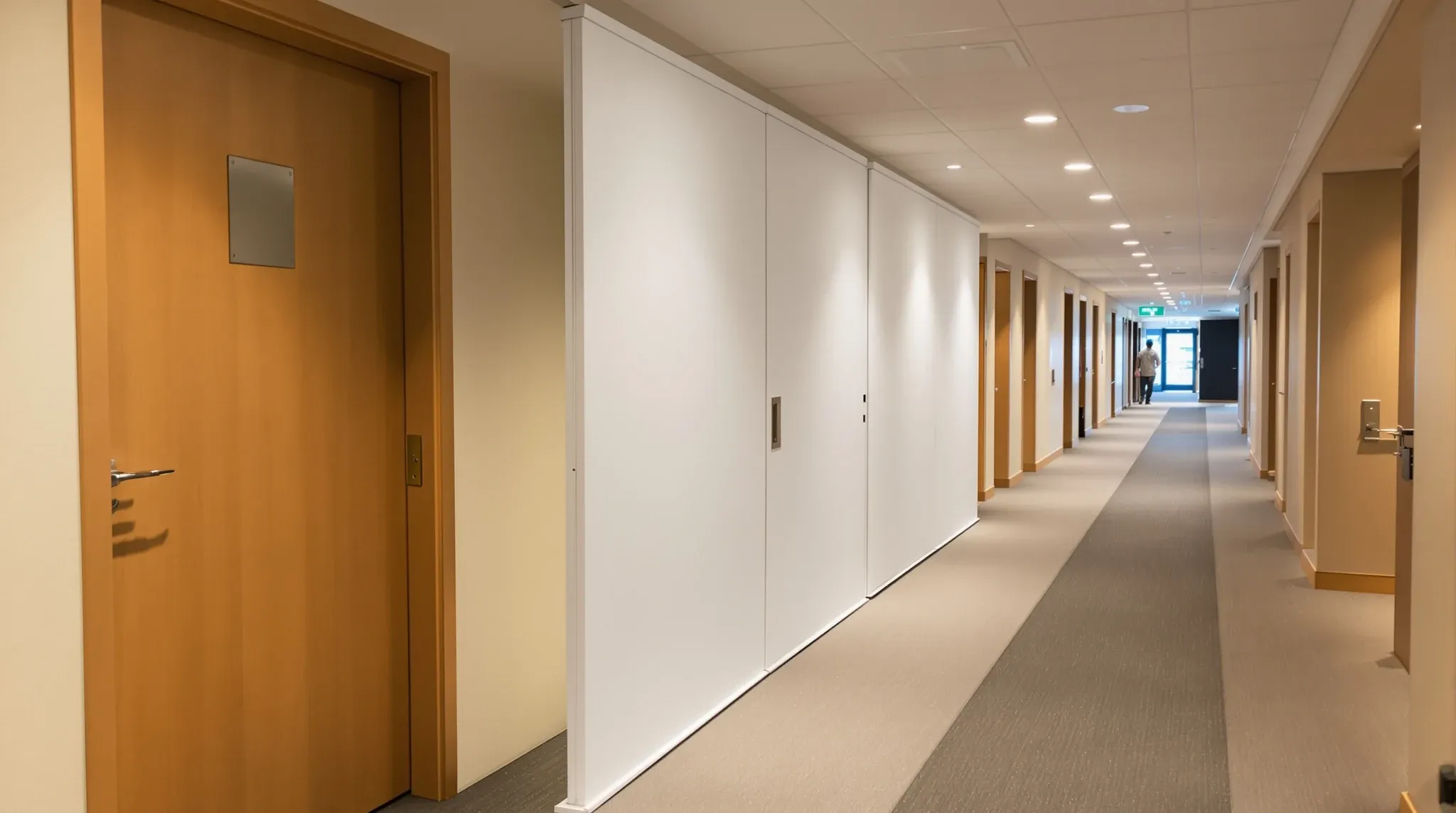 A shared office corridor where one tenancy entry is closed off behind a temporary white panel