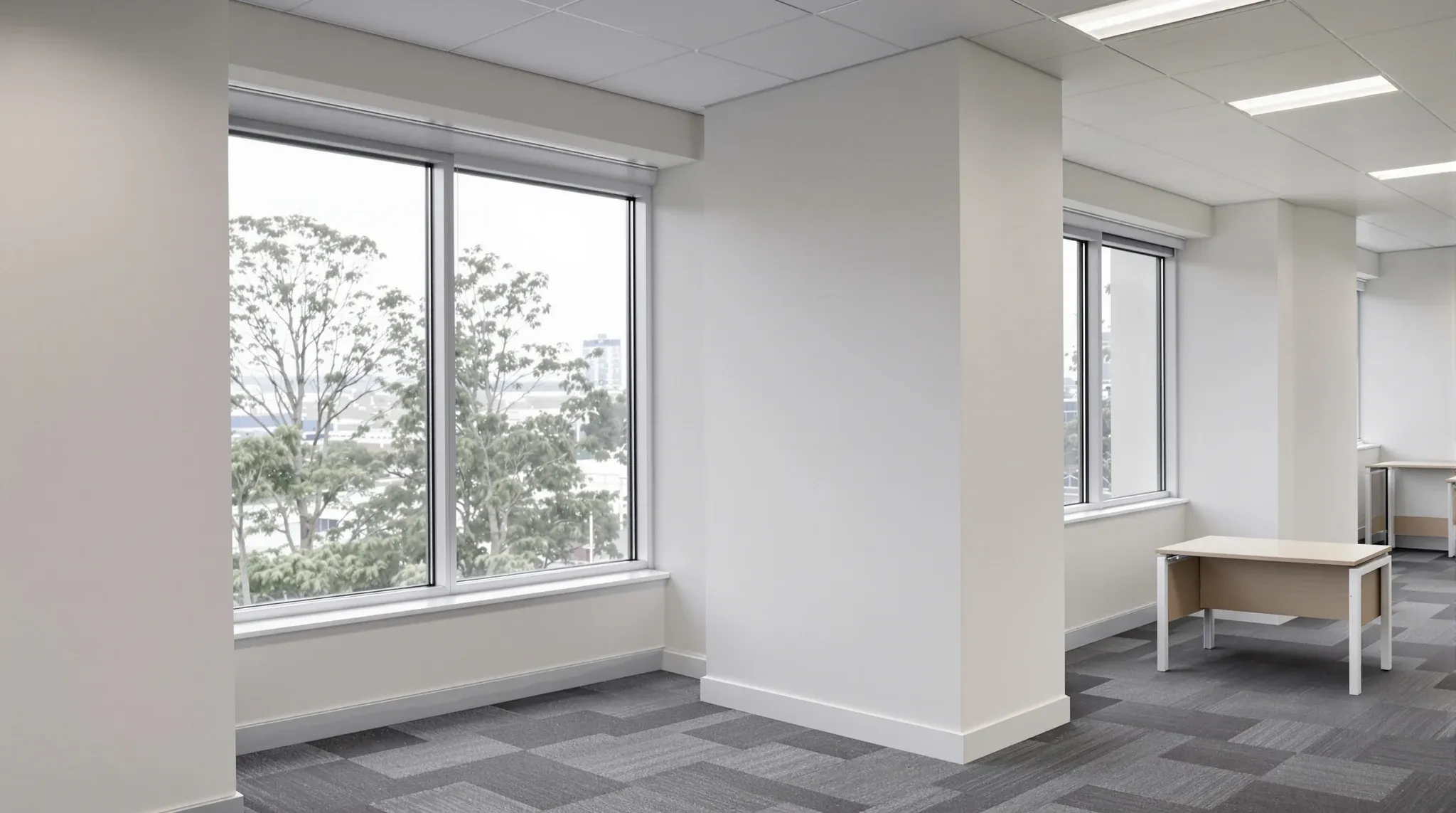 A finished office corner where a plasterboard wall meets an aluminium window frame