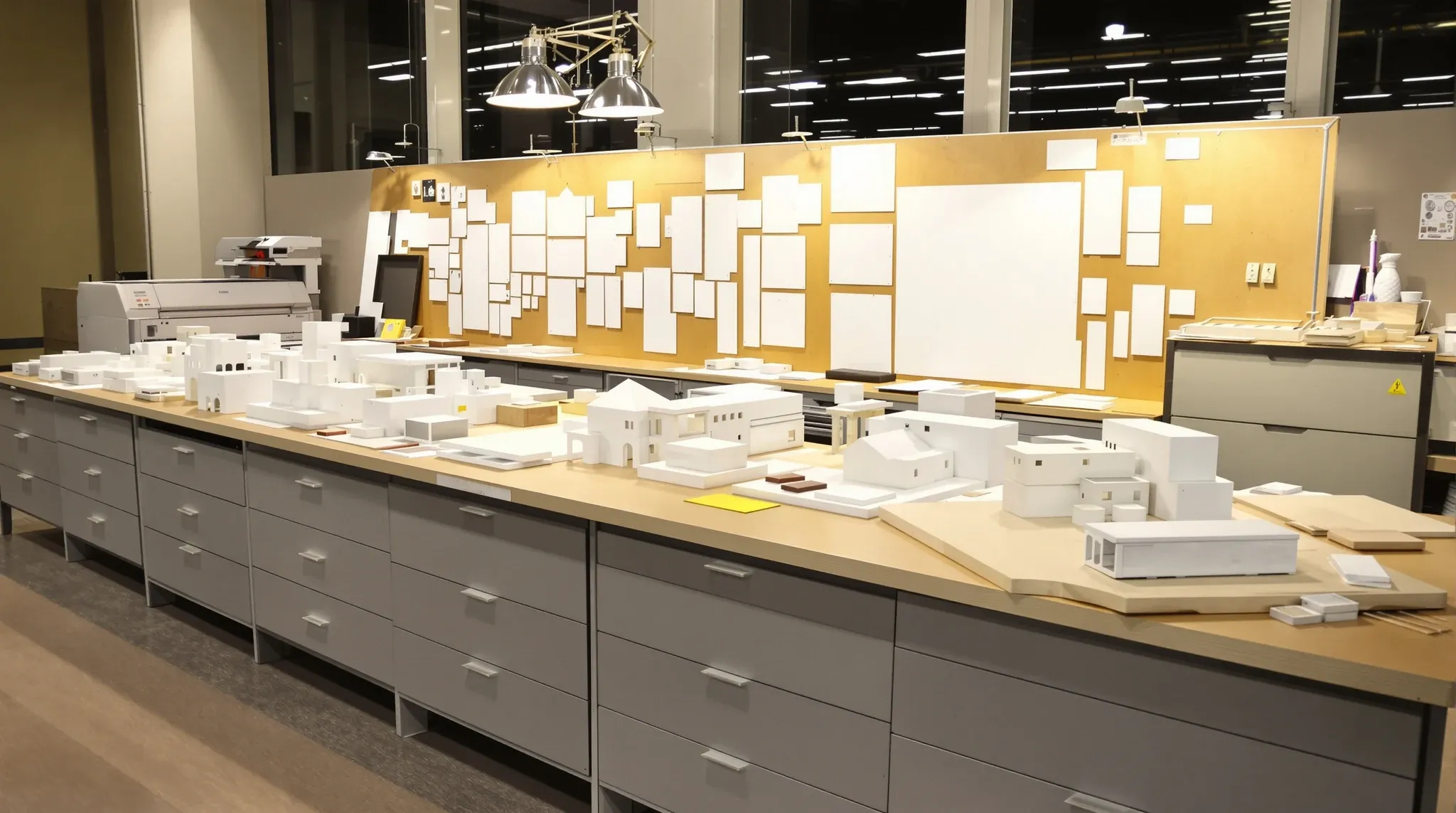A studio review table with white card building models, material samples and plan drawers underneath