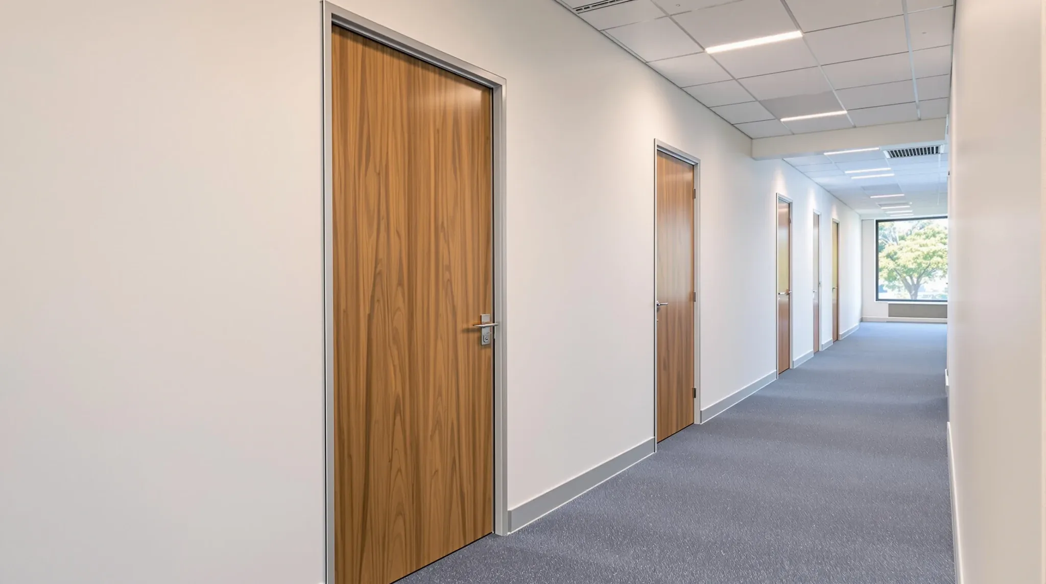 An empty office corridor with solid timber doors, each in its own frame, set in plasterboard walls