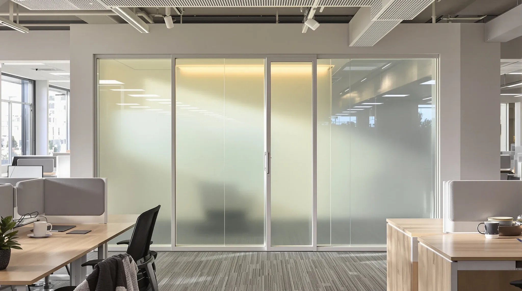 Morning sun glowing through the frosted glass walls of a small room beside open desks