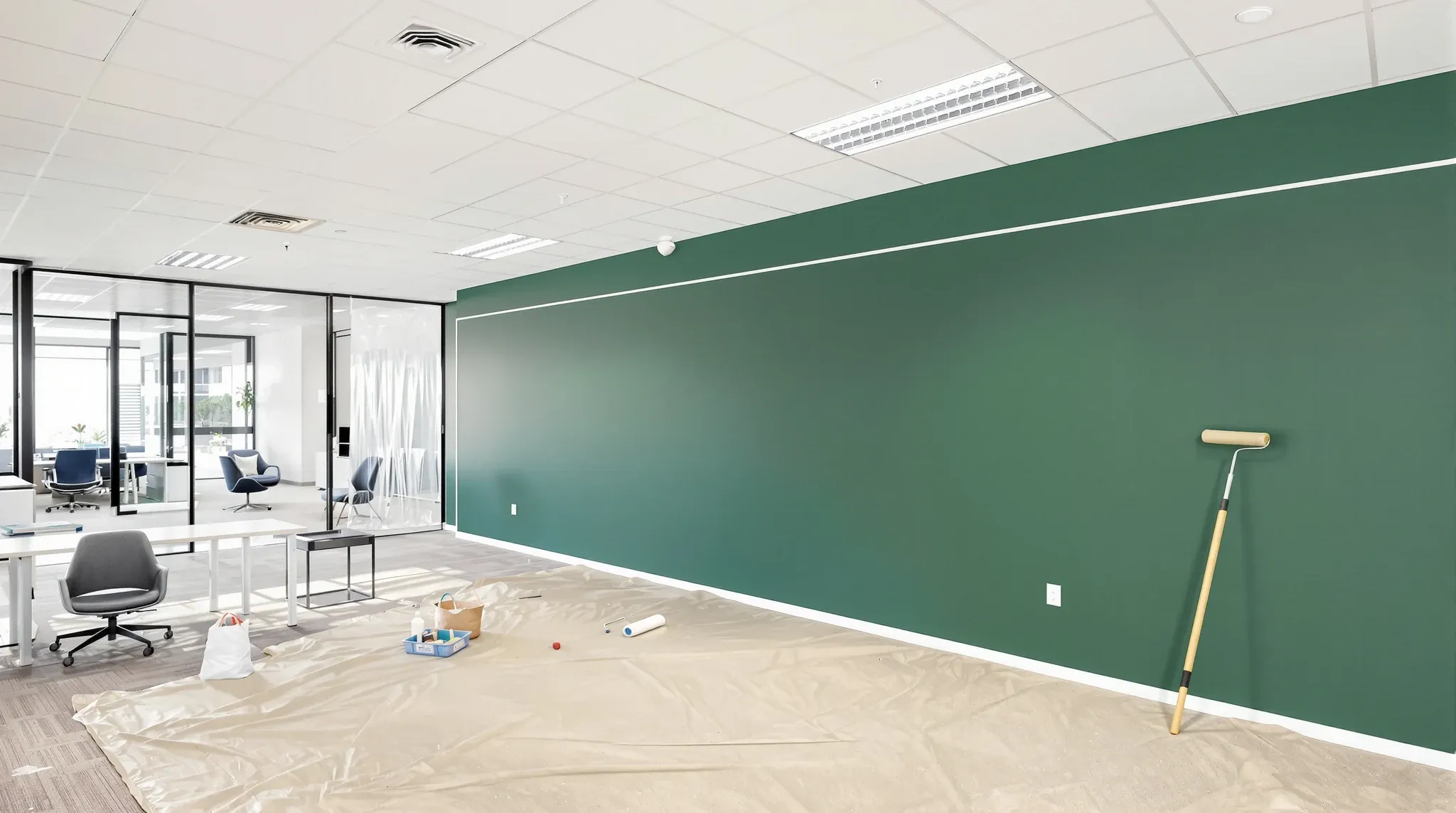 A freshly painted deep green feature wall in an open office with drop sheets and a roller tray