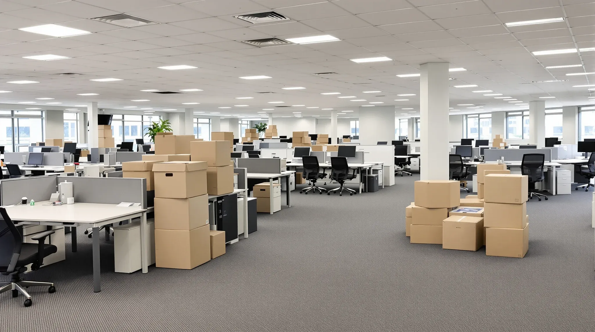 An office floor mid relocation with active desks beside empty packed areas