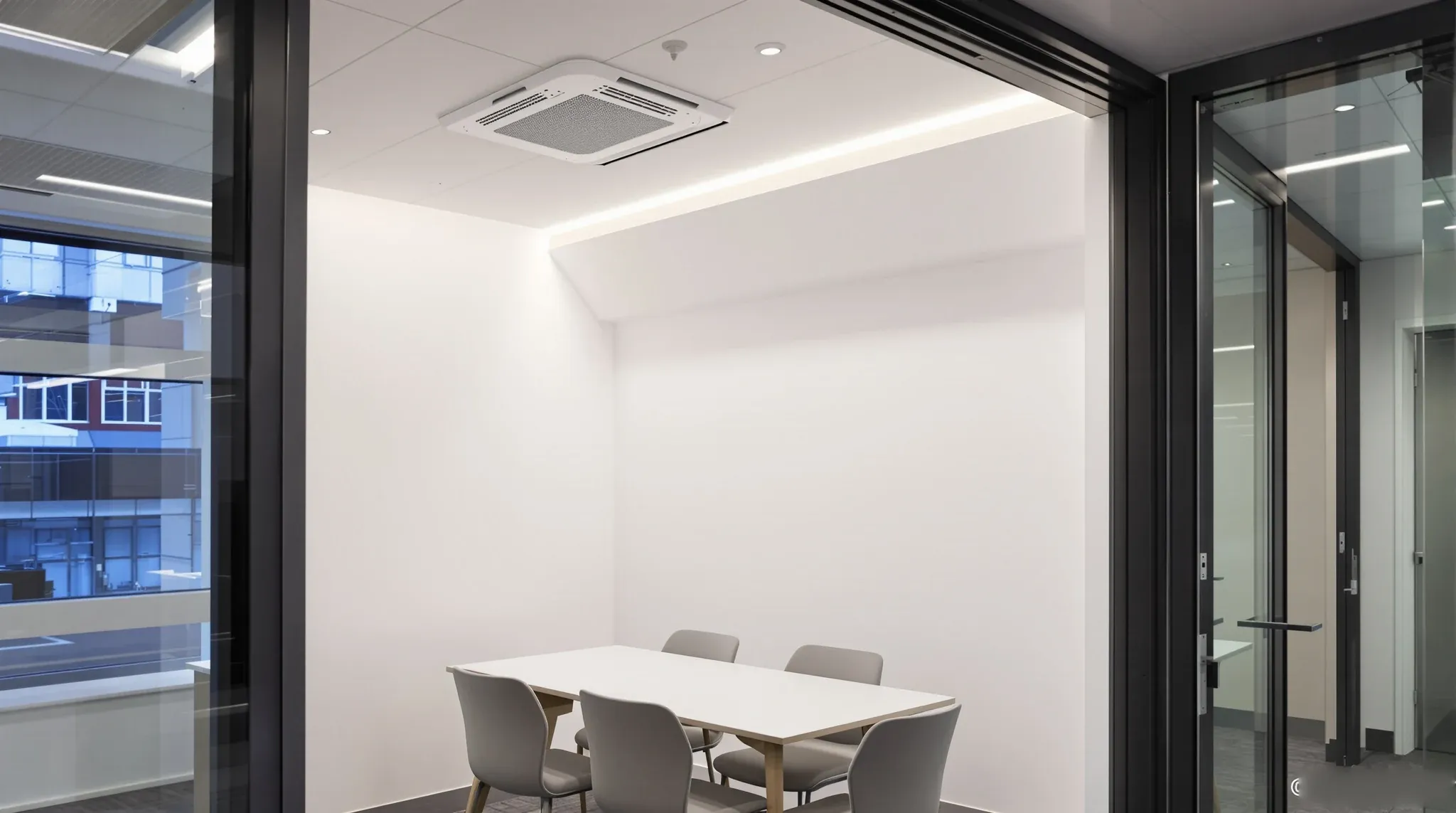 A meeting room where a deep plasterboard bulkhead lowers the ceiling to box in ductwork