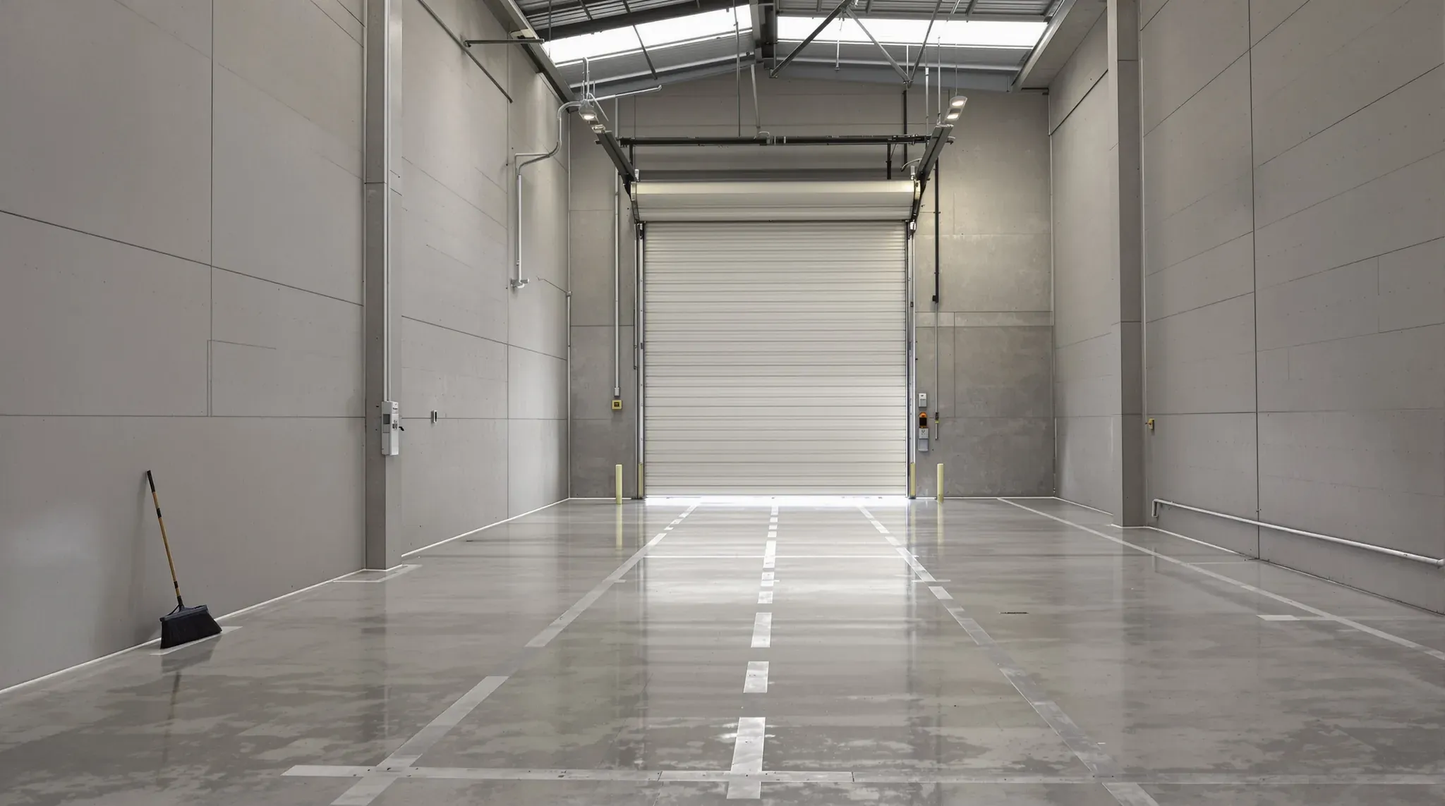 Empty warehouse unit after a make good, with a clean concrete floor, painted wall panels and a roller door