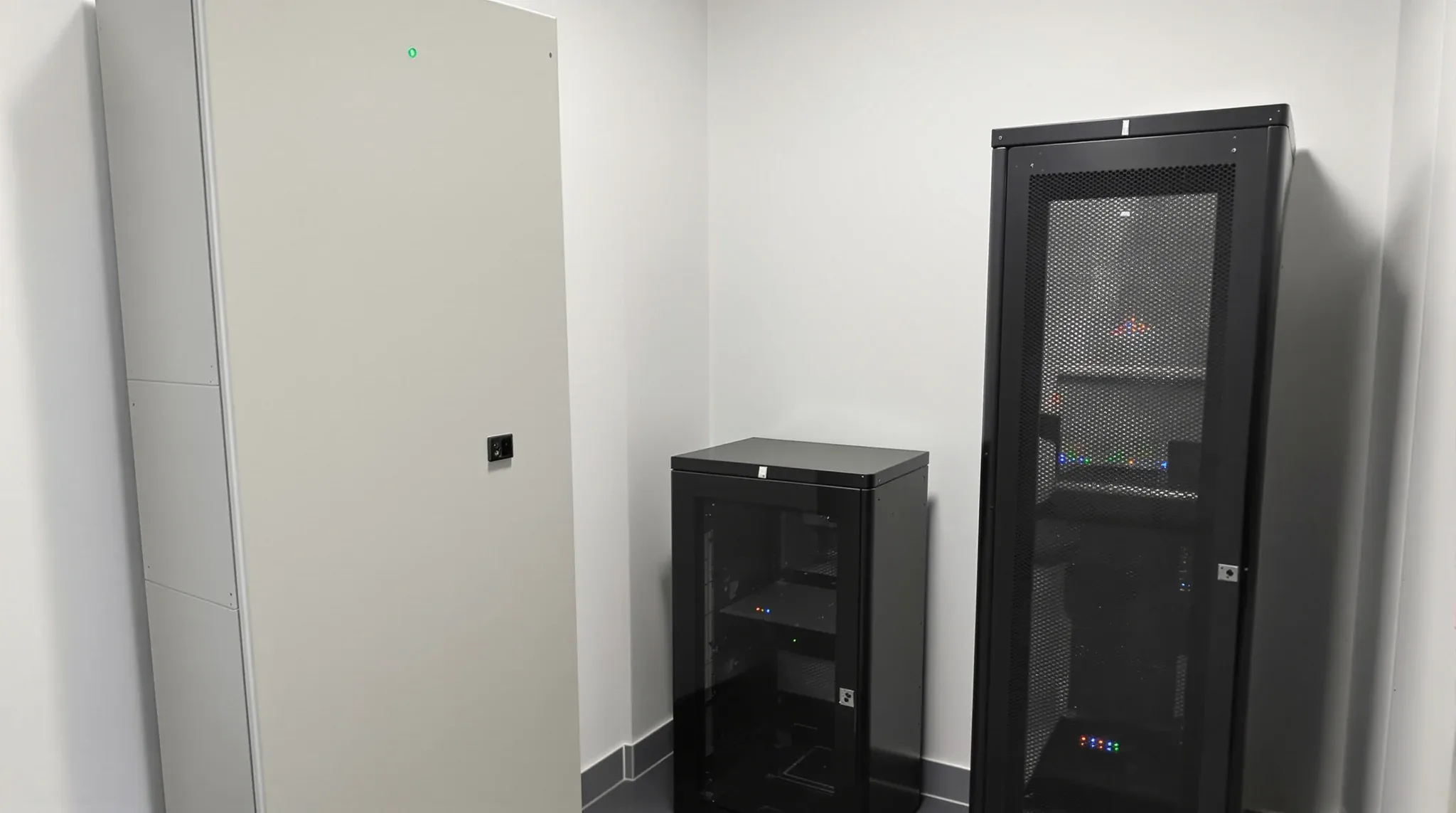 A tidy small comms and electrical room with a closed grey switchboard and two black rack cabinets