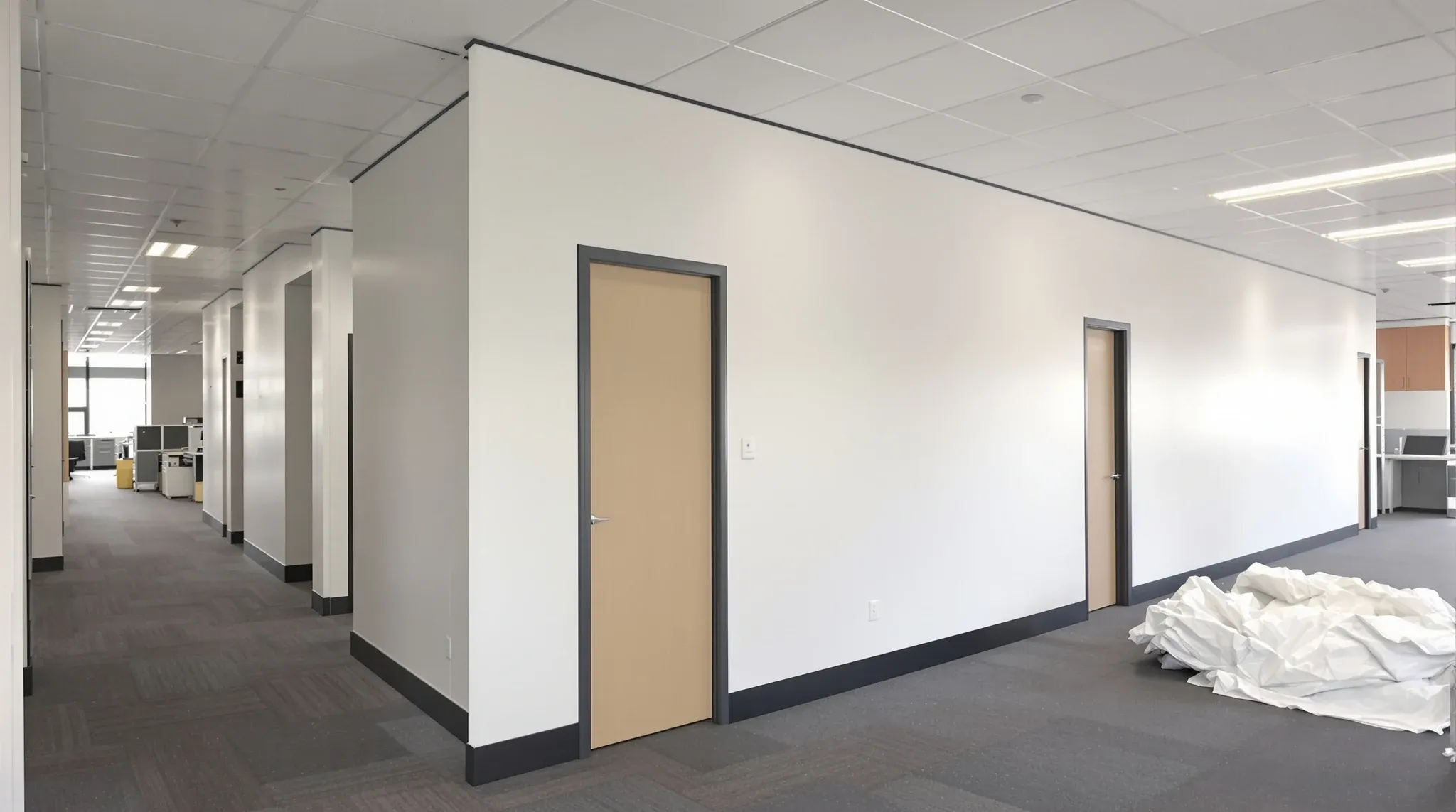 A new painted plasterboard office wall with a closed door under a suspended tile ceiling