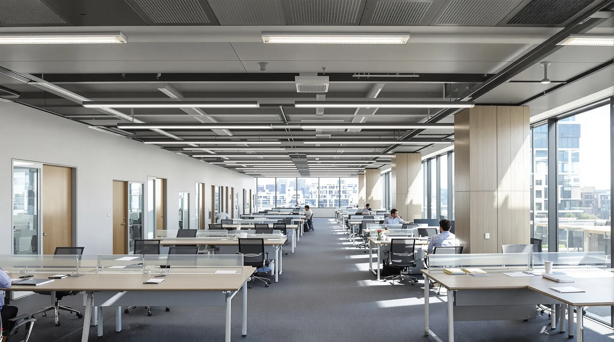 A line of solid-walled private offices with glass sidelights along a wide open office floor