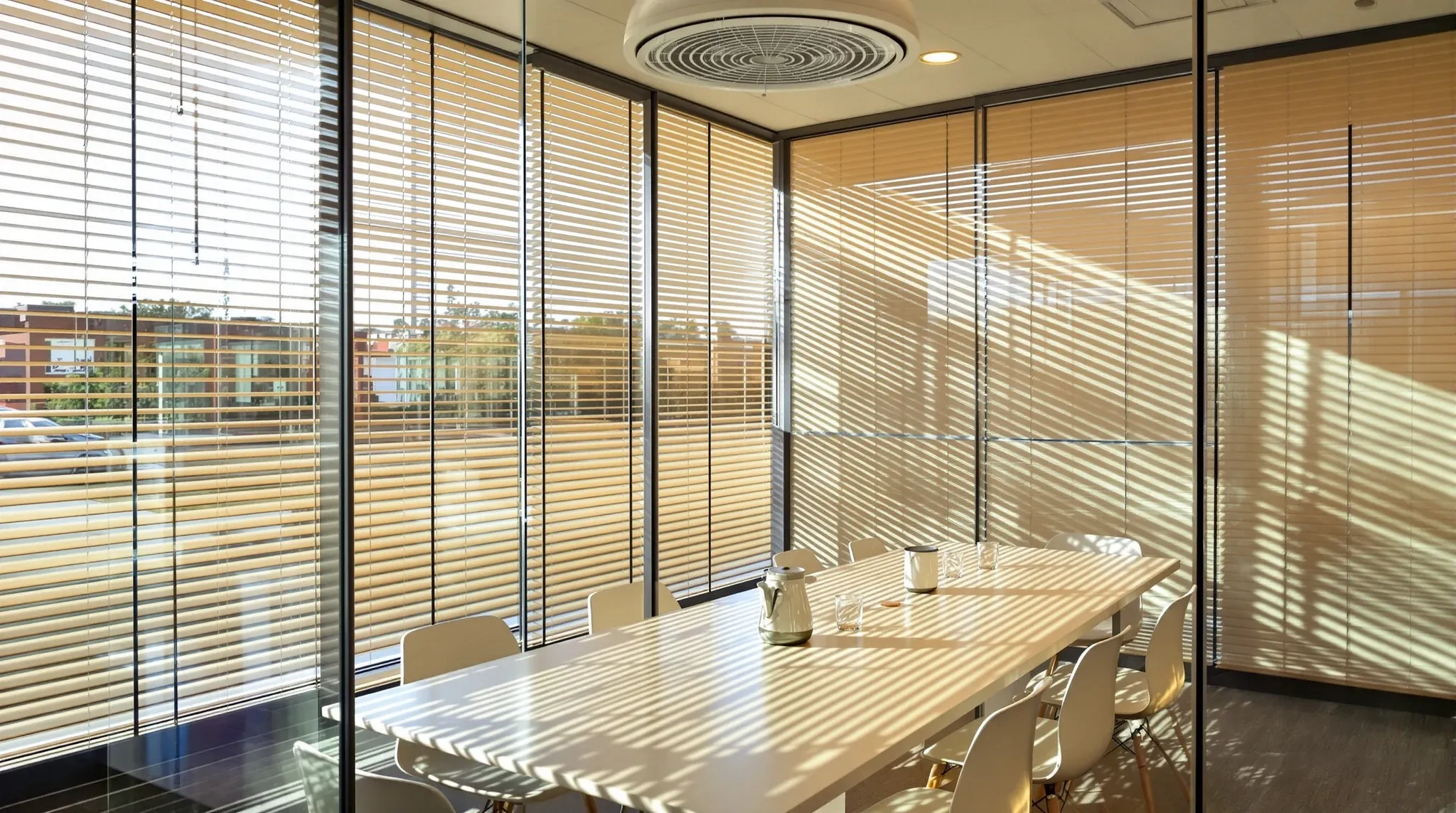 Low sun heating a glass meeting room with half-lowered blinds throwing stripes across the table
