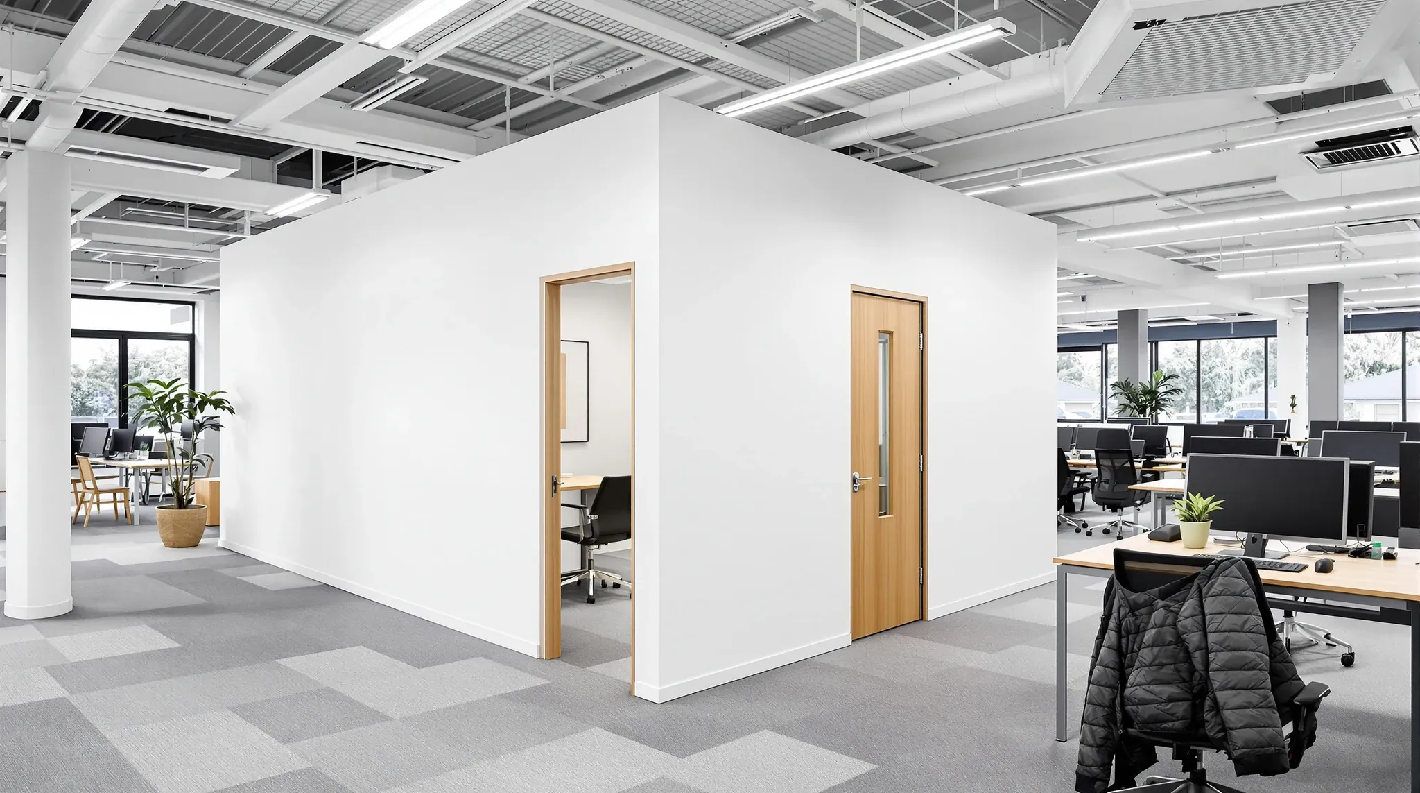A newly built plasterboard office in the corner of an open office, freshly painted, with desks back in place