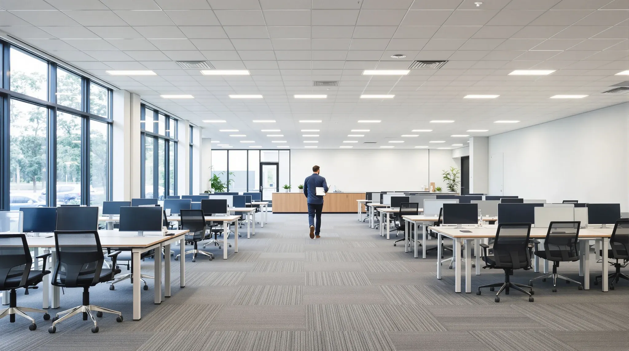 Someone walking through a freshly finished office floor with a checklist in hand