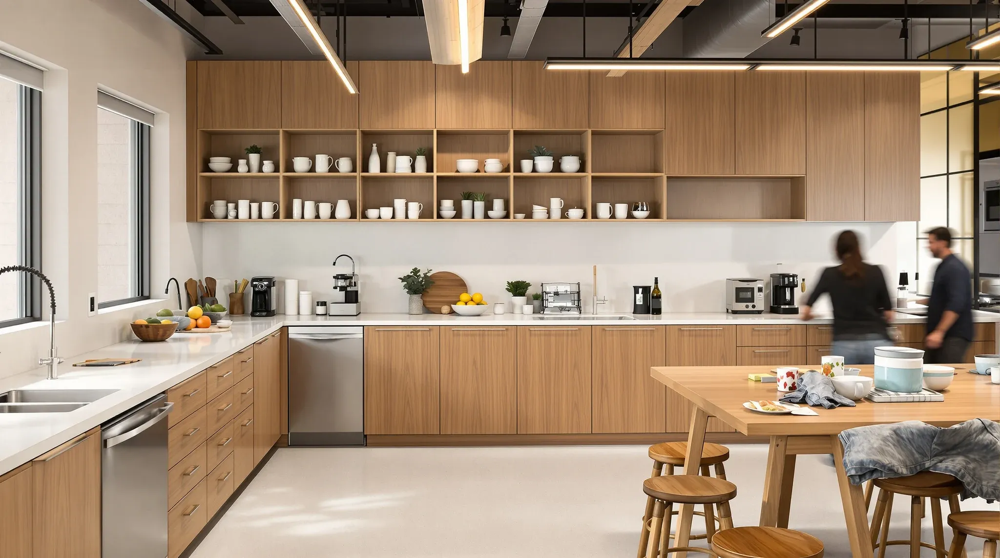 A busy office staff kitchen with an island bench, open shelves and a long communal table