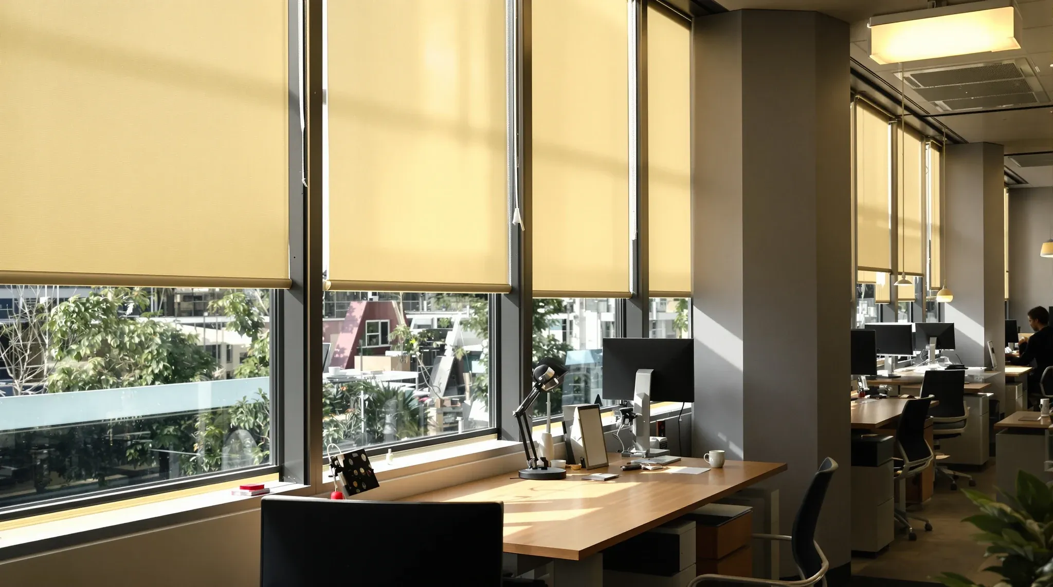 Desks by a window with blinds half lowered and a mix of daylight and warm pendant lights