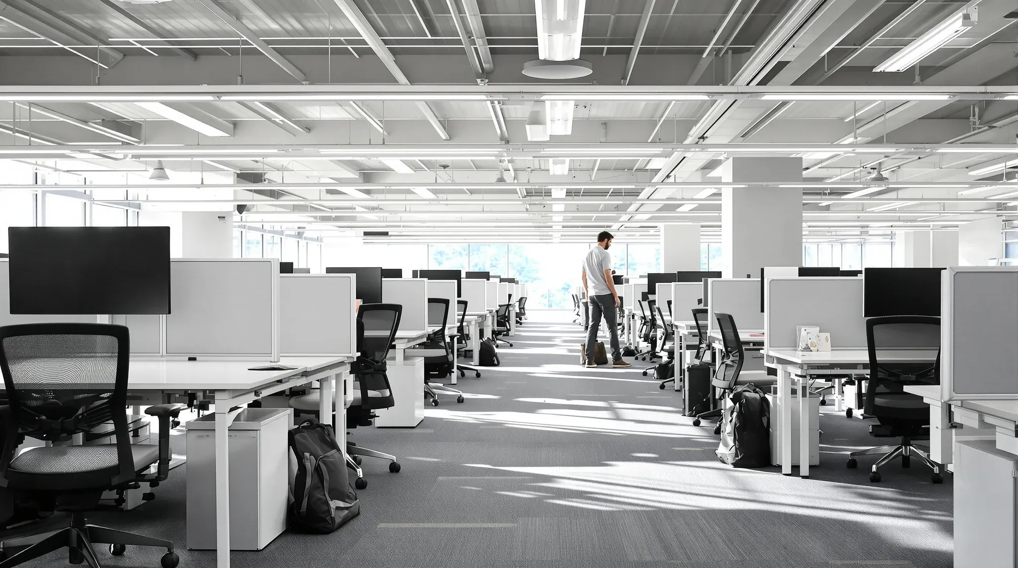 Rows of height-adjustable desks and task chairs before staff arrive, one desk raised to standing
