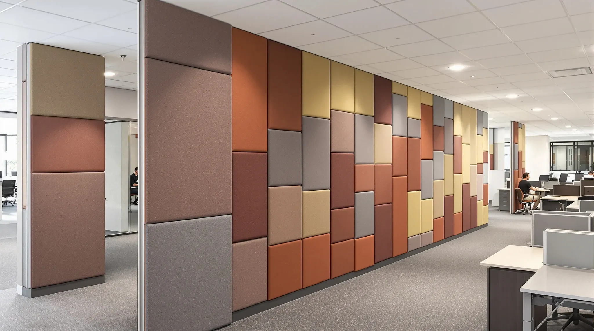 Fabric acoustic panels lining a long wall in an open-plan office in use