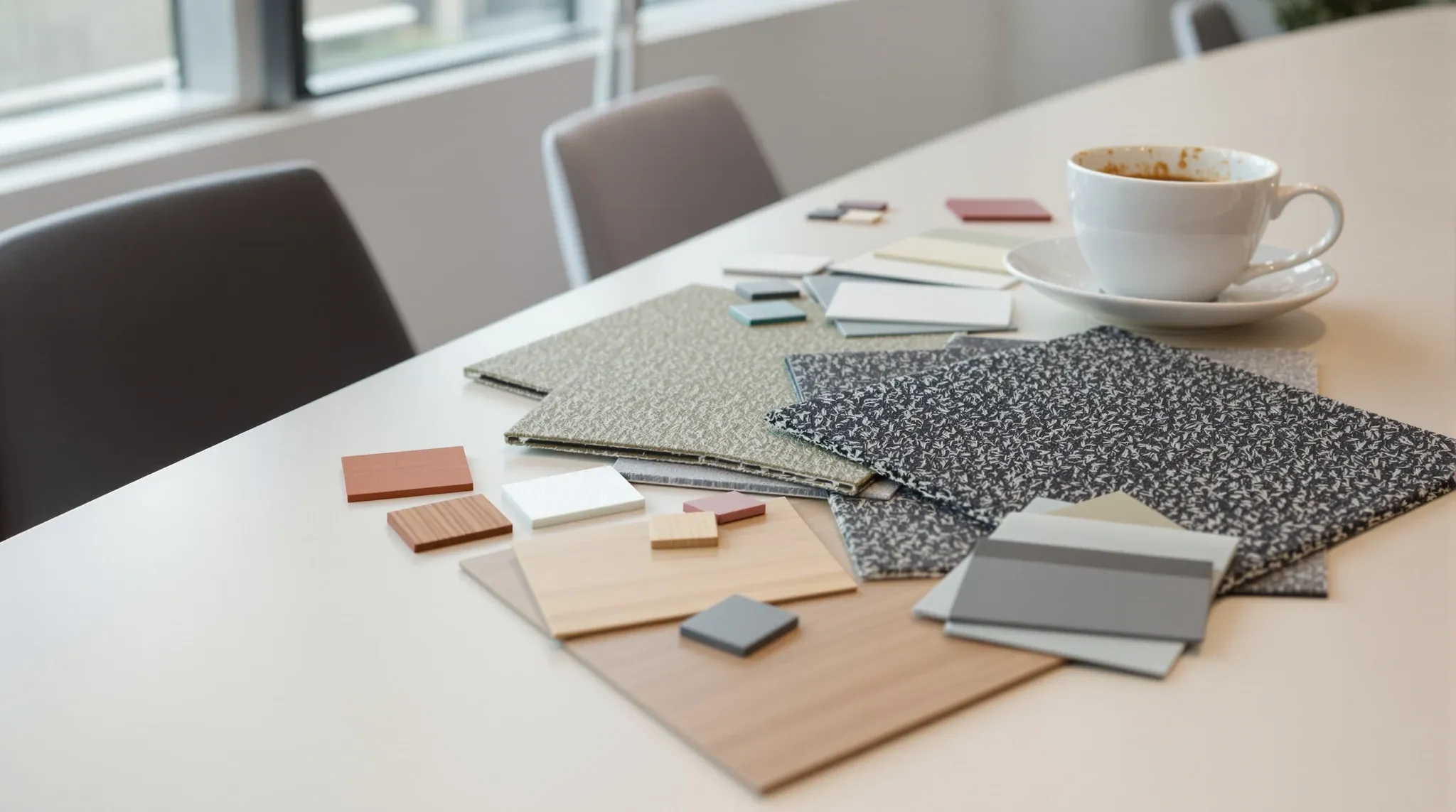 Carpet, timber, fabric and glass samples laid out on a table while an office fitout is planned