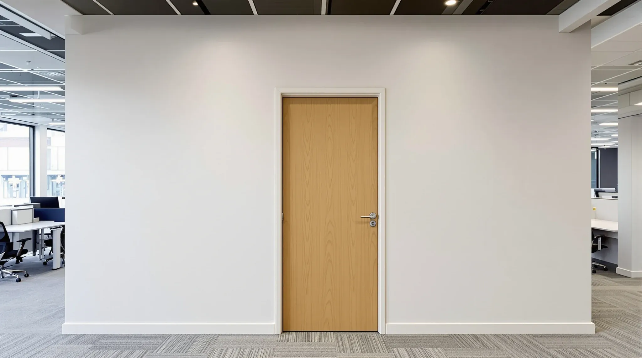 A newly finished plasterboard partition wall with a closed door in a leased office