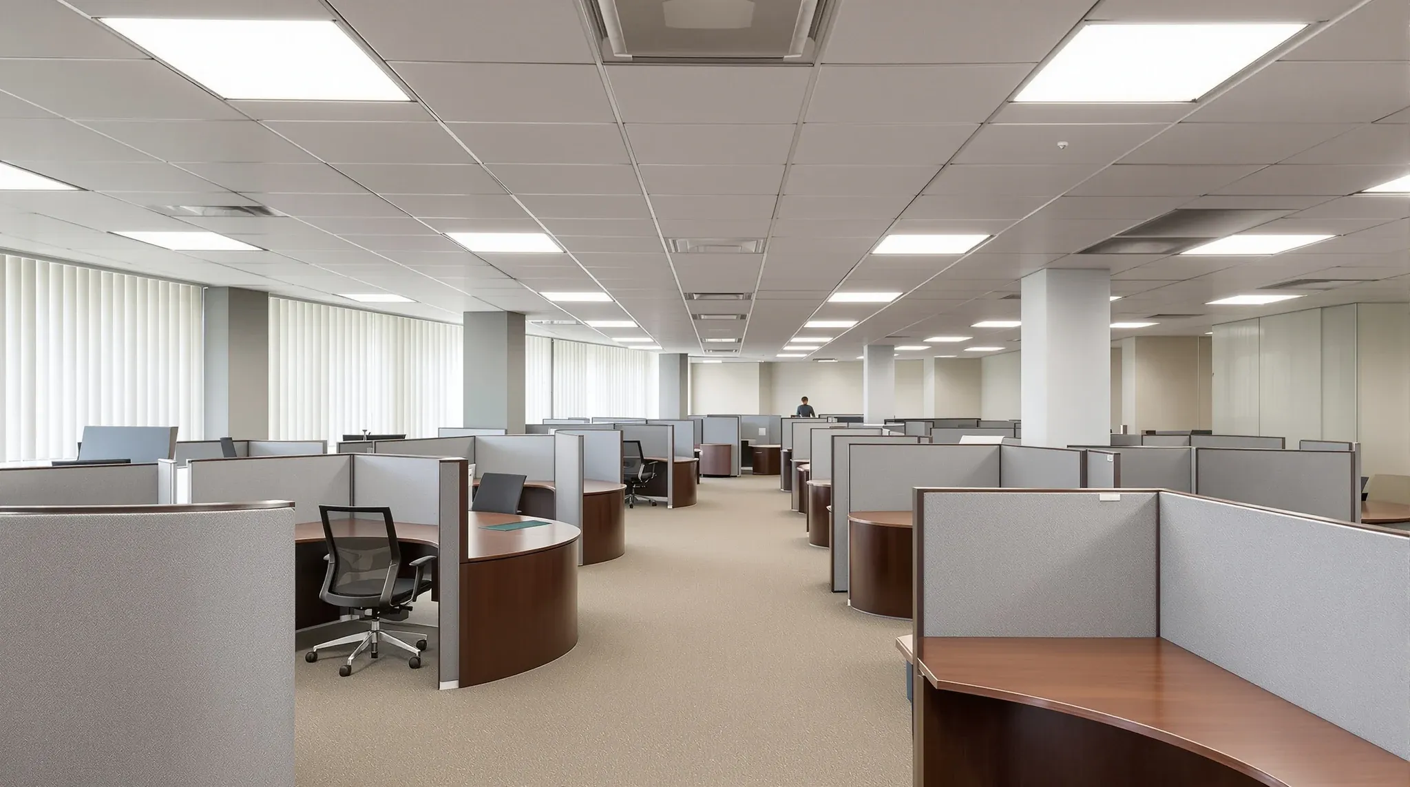An older office with dark timber desks and worn carpet under a clean new white tile ceiling